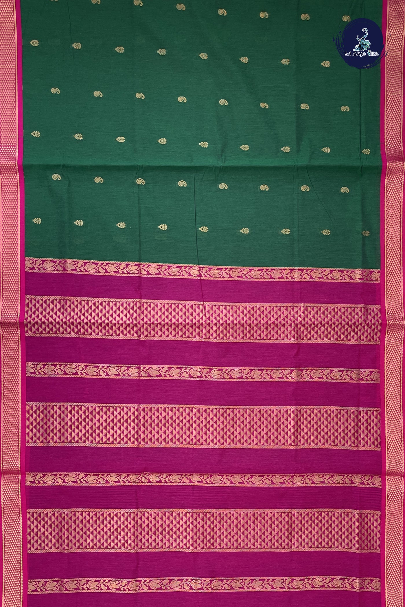 Bottle Green Madisar Semi Silk Cotton Saree With Zari Buttas Pattern