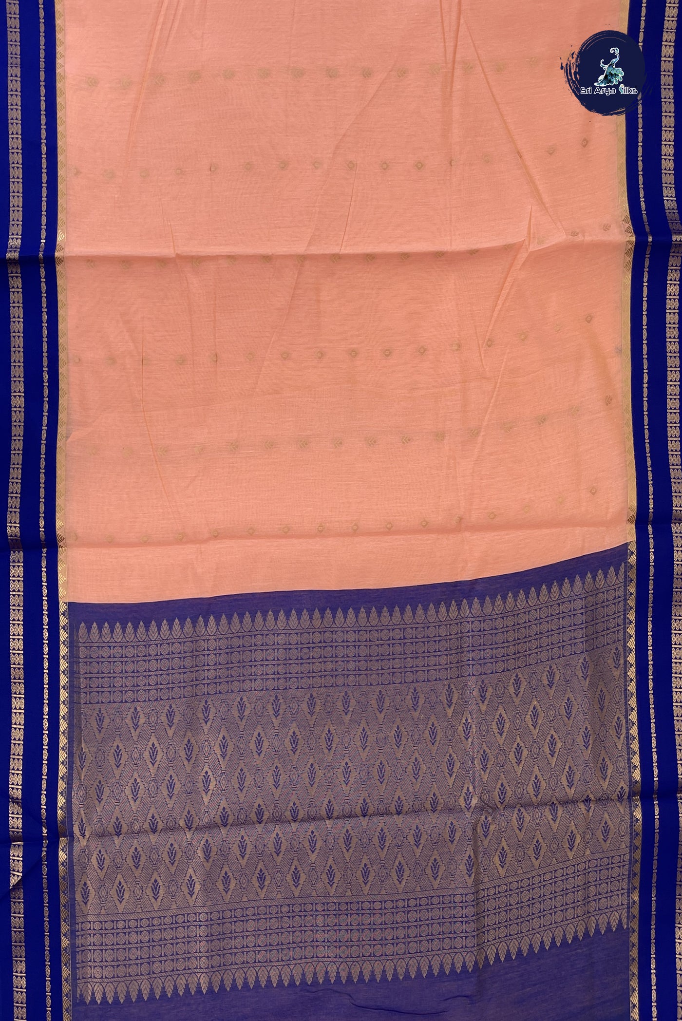 Light Peach Madisar Semi Silk Cotton Saree With Zari Buttas Pattern