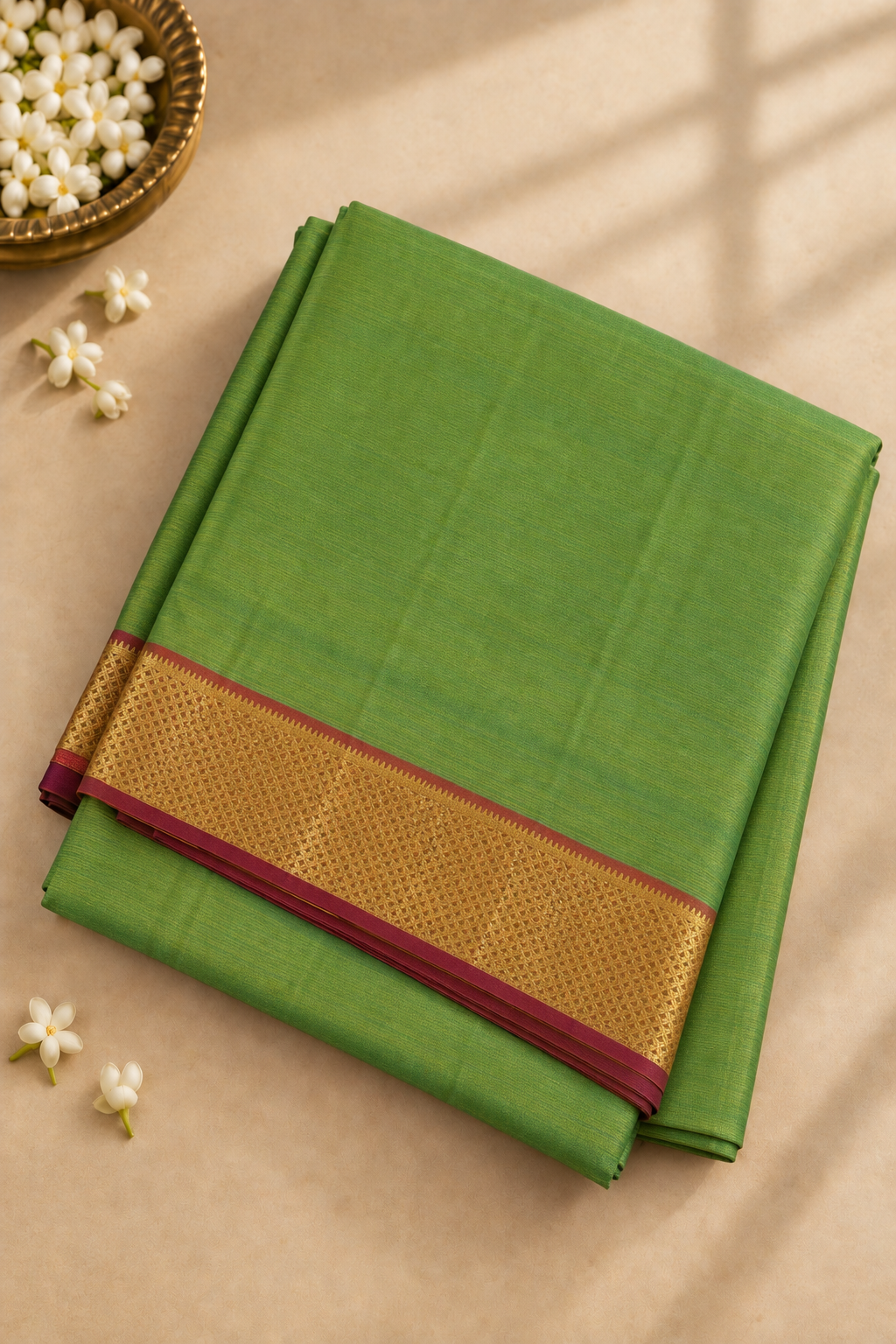 Lime Green Madisar 10 Yards Silk Saree With Plain Pattern