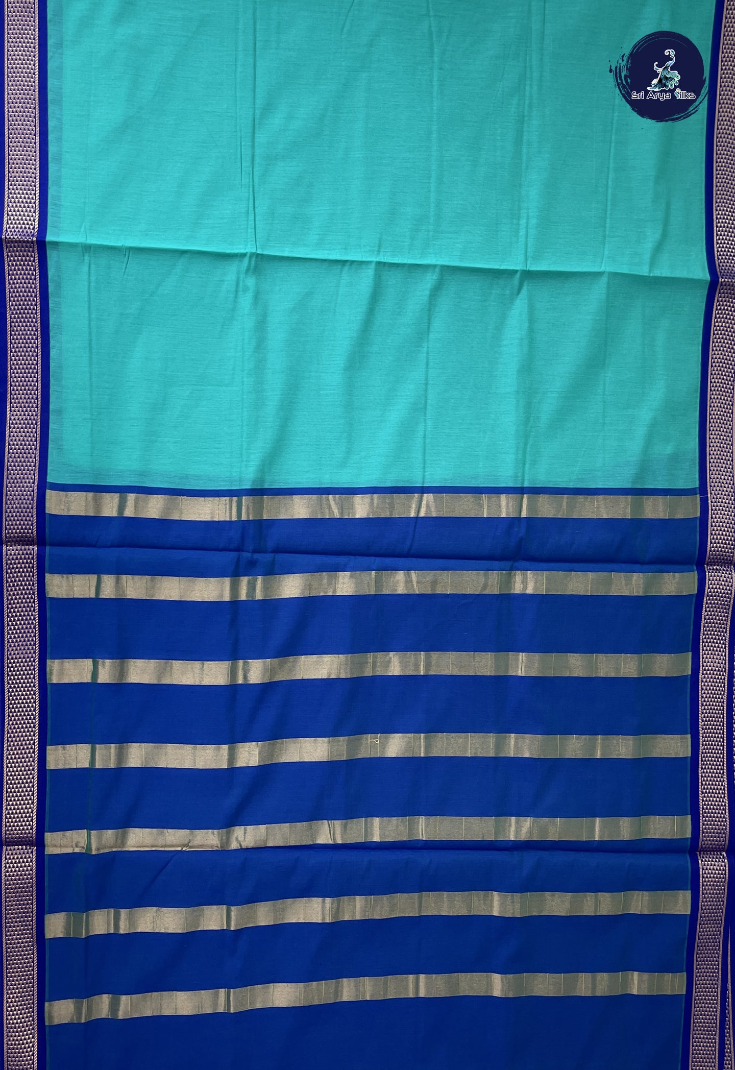 Teal Blue Madisar Semi Silk Cotton Saree With Plain Pattern