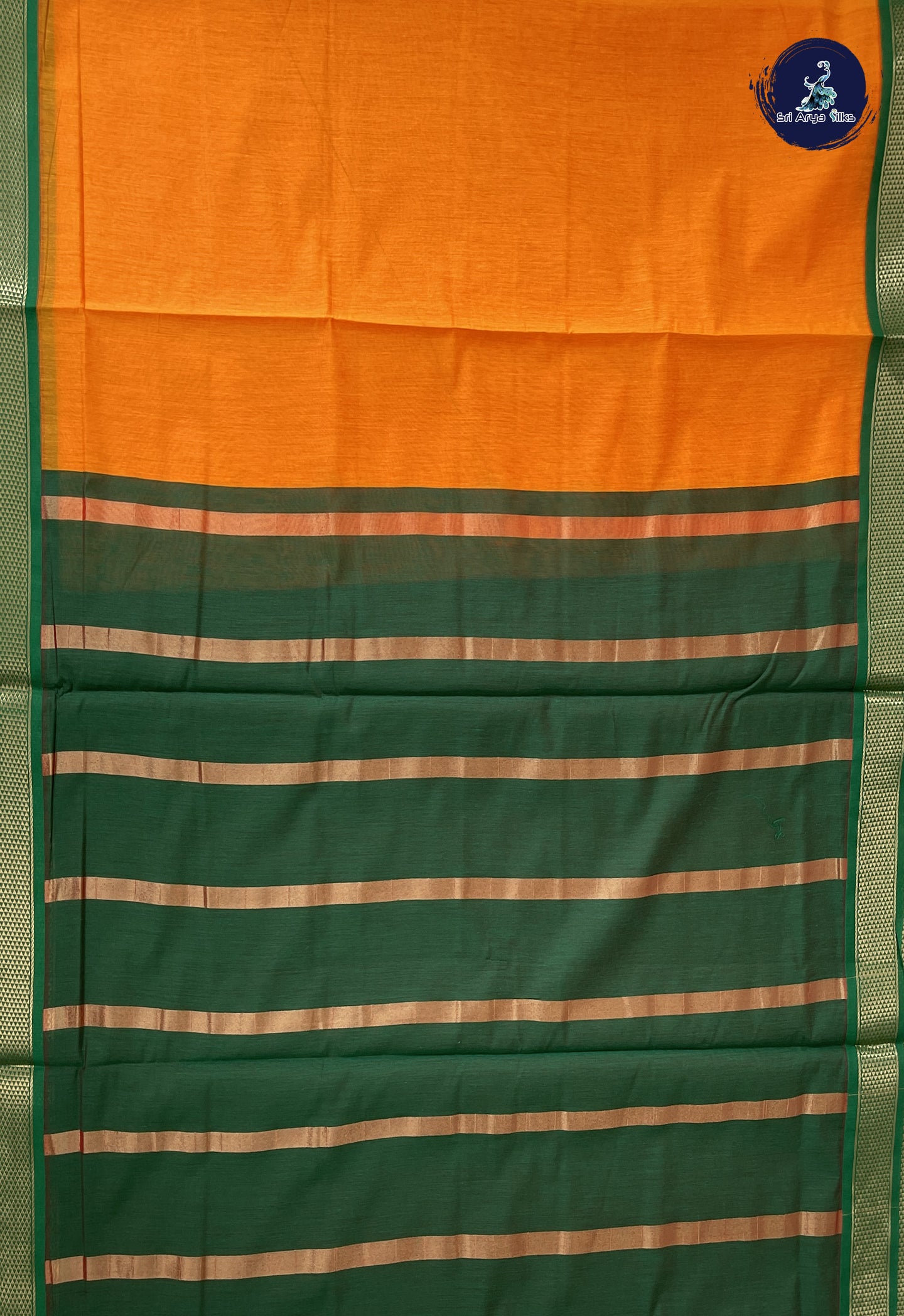 Yellowish Orange Madisar Semi Silk Cotton Saree With Plain Pattern