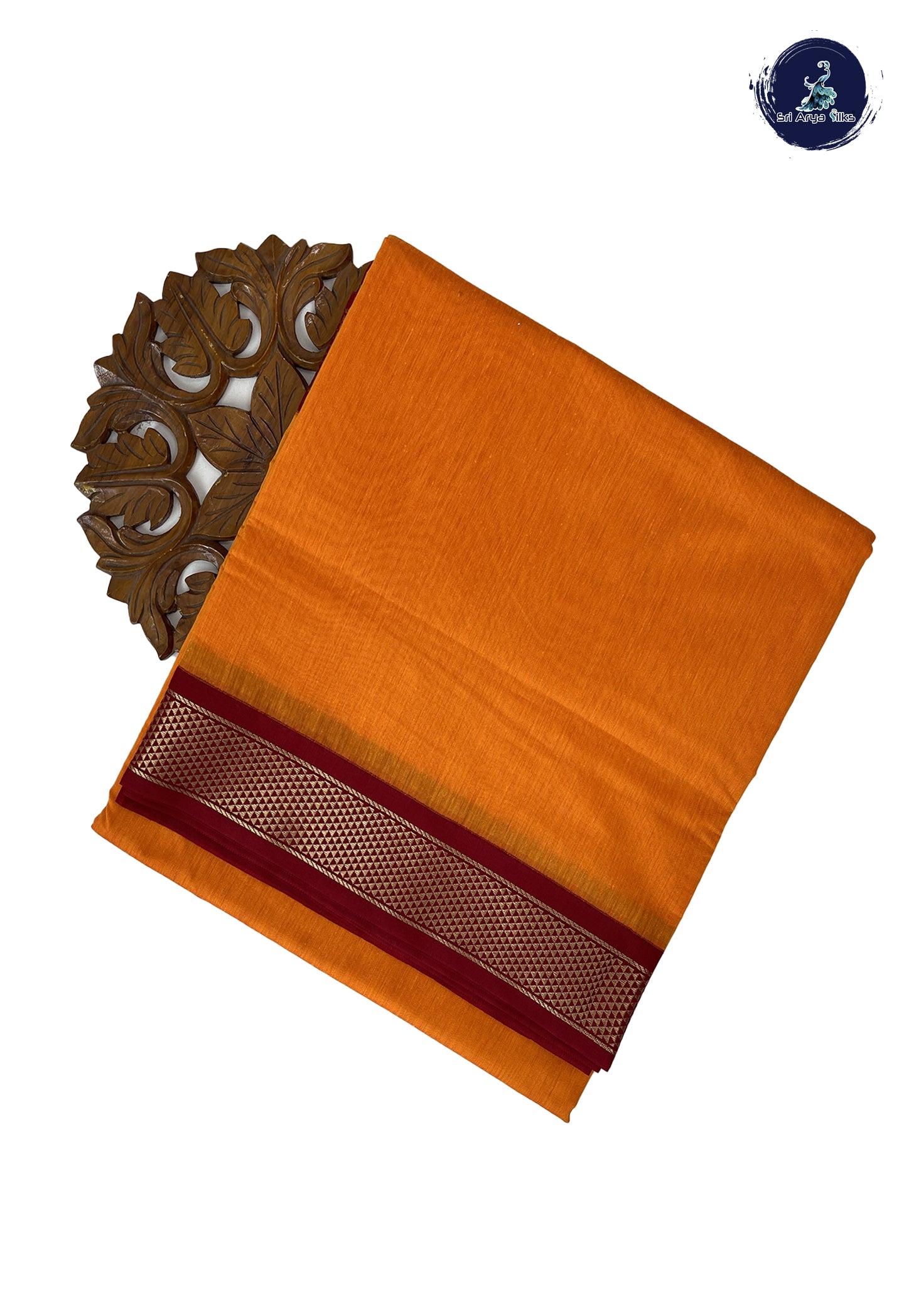 Yellowish Orange Madisar Semi Silk Cotton Saree With Plain Pattern
