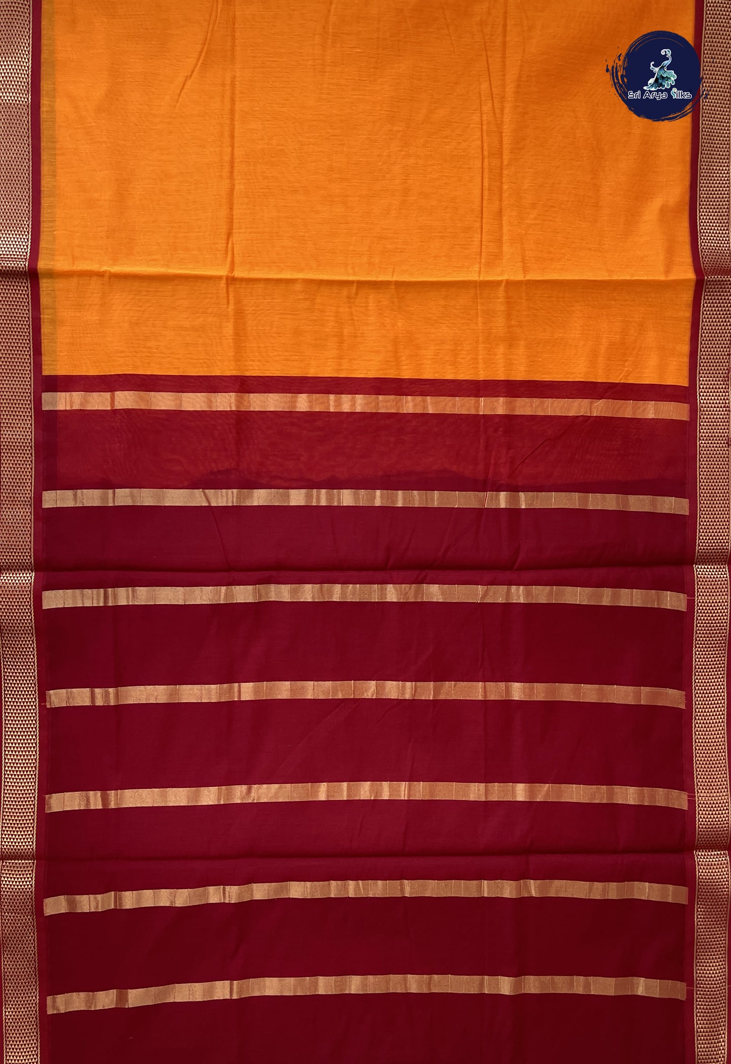Yellowish Orange Madisar Semi Silk Cotton Saree With Plain Pattern