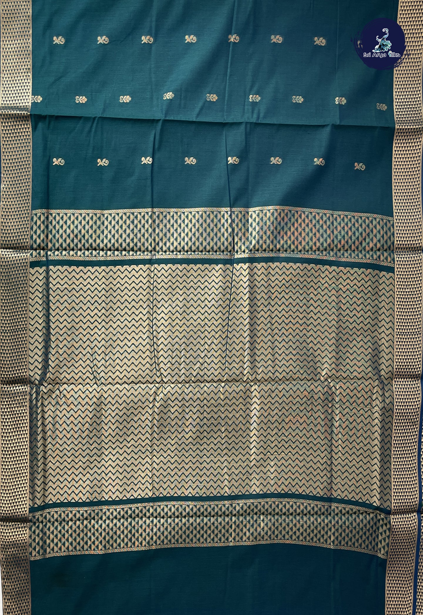 Sapphire Green Madisar Semi Silk Cotton Saree With Zari Buttas Pattern