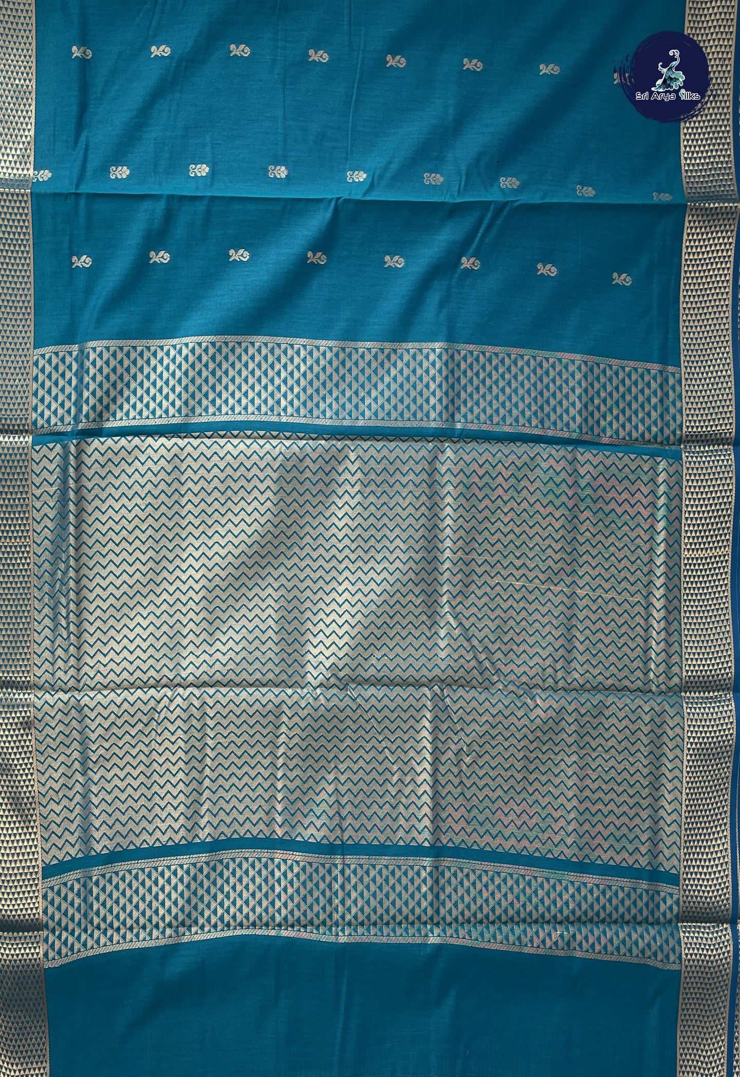 Teal Madisar Semi Silk Cotton Saree With Zari Buttas Pattern