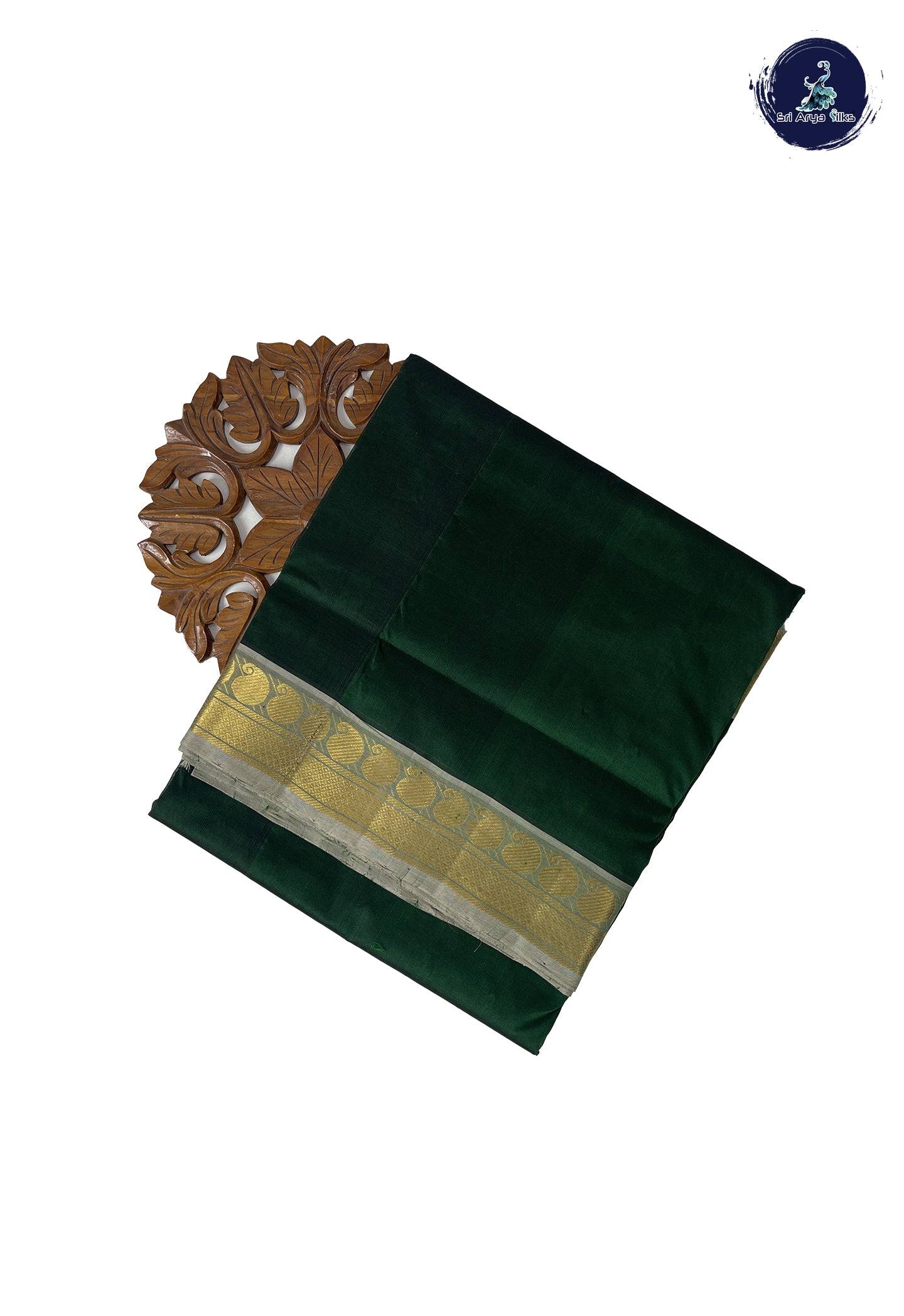 Dark Green 10 Yards Silk Cotton Saree With Plain Pattern