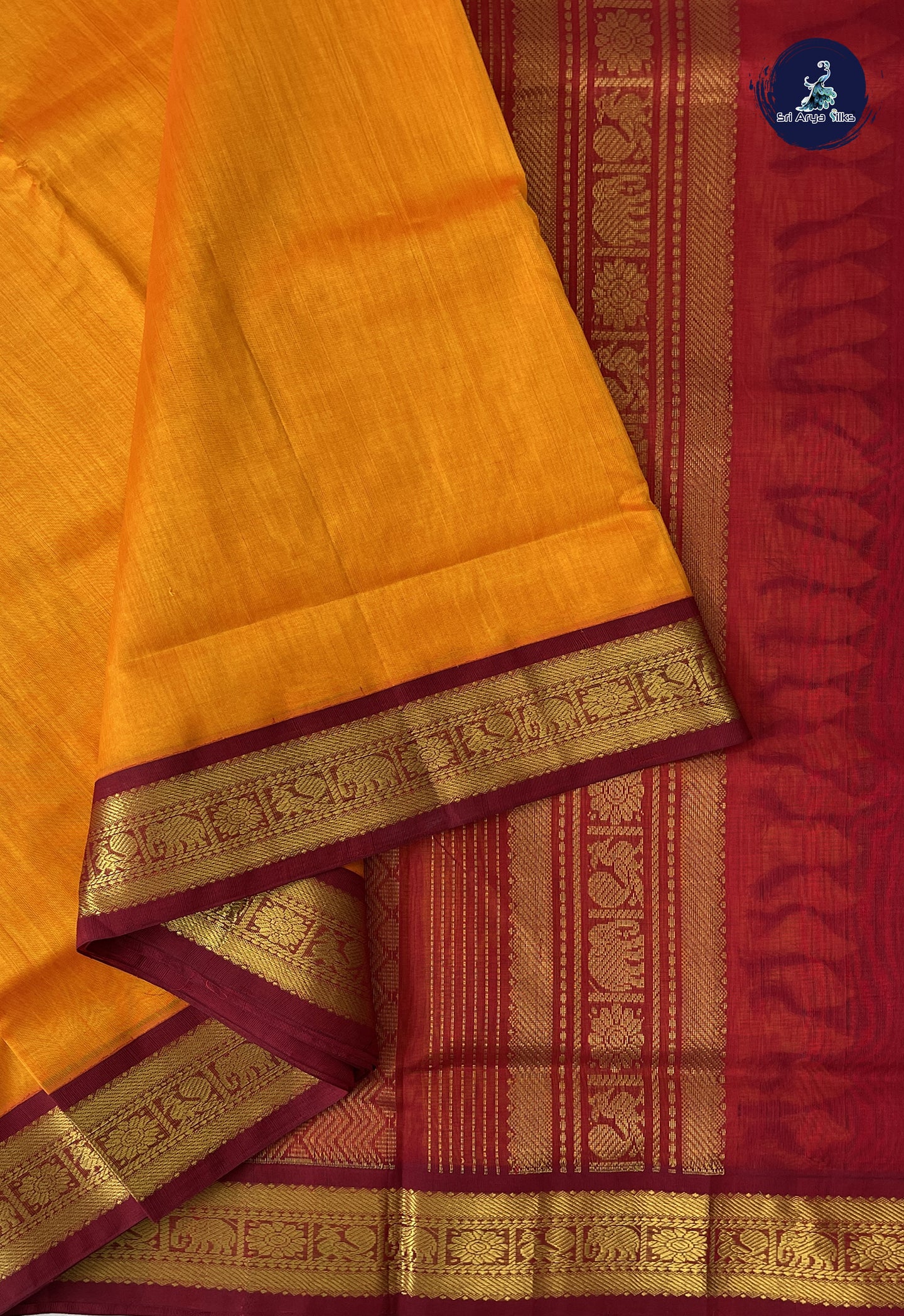 Mango Yellow 10 Yards Silk Cotton Saree With Plain Pattern