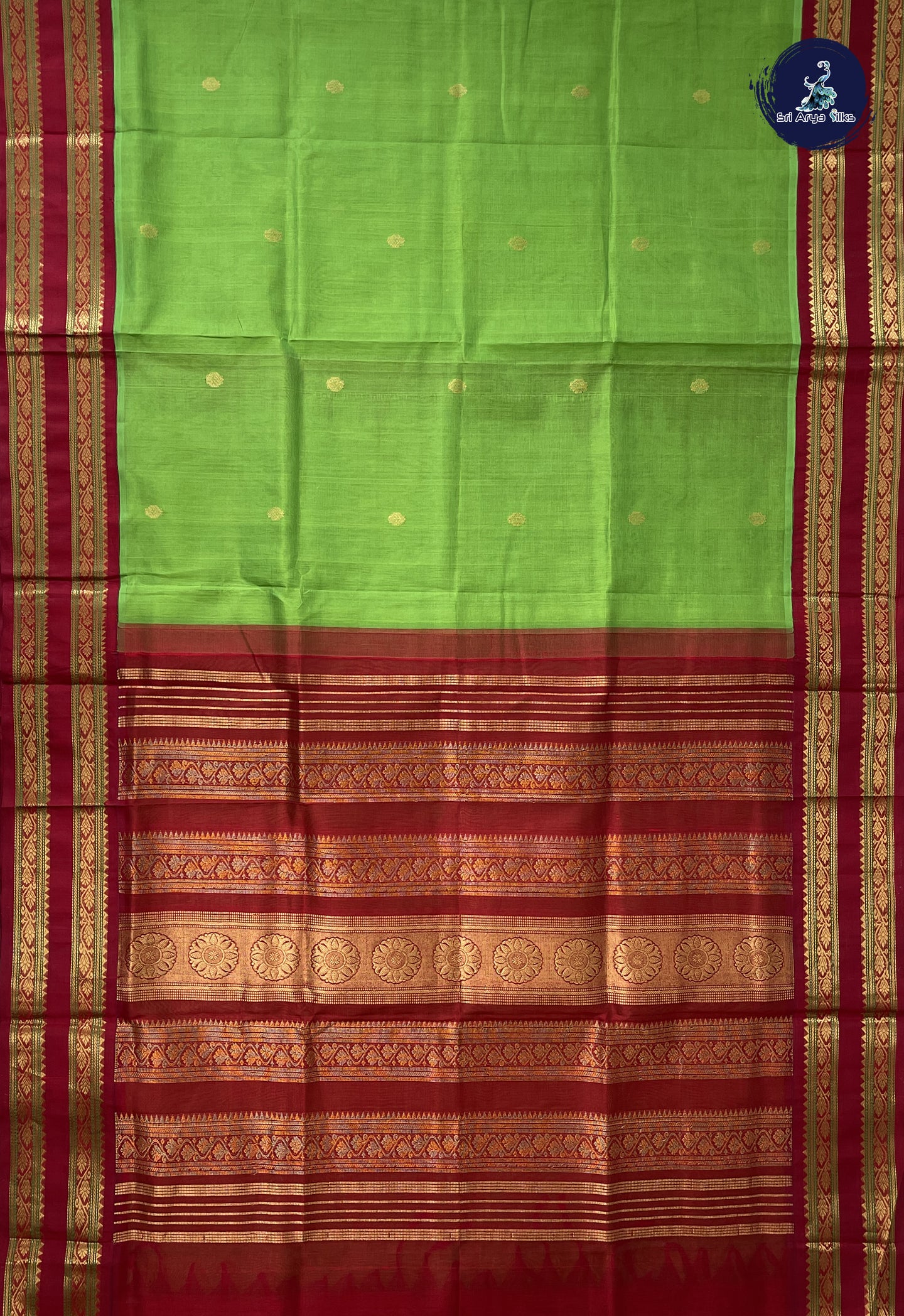 Parrot Green 10 Yards Silk Cotton Saree With Zari Buttas Pattern