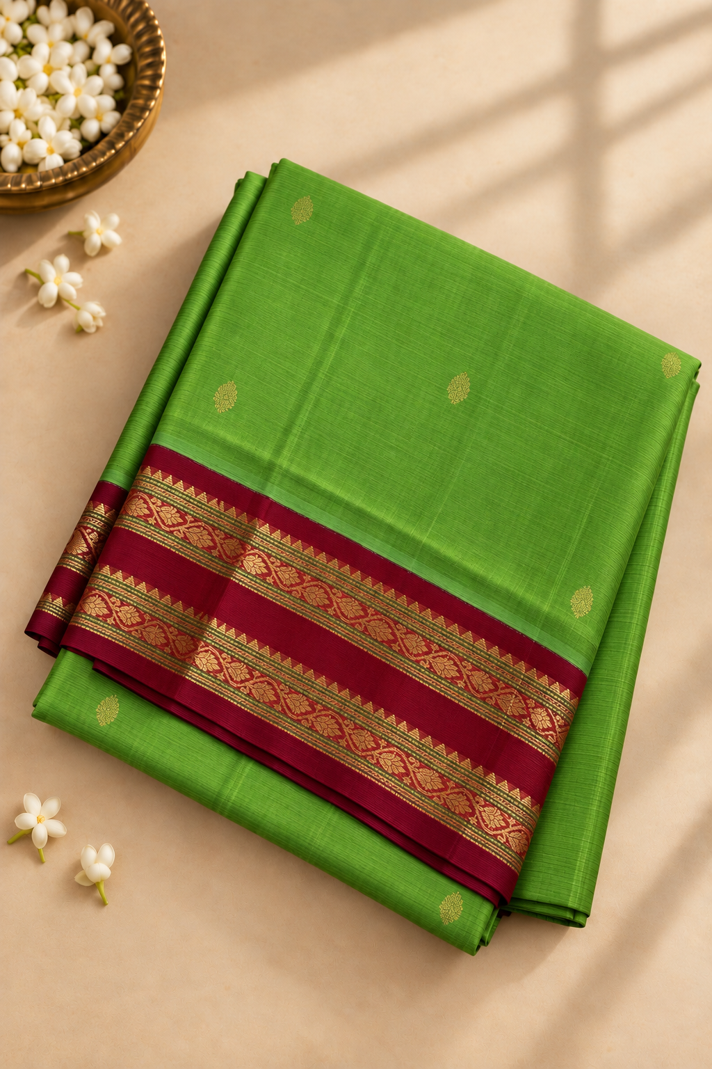 Parrot Green 10 Yards Silk Cotton Saree With Zari Buttas Pattern