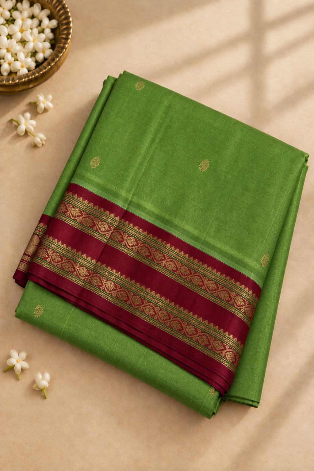 Parrot Green 10 Yards Silk Cotton Saree With Zari Buttas Pattern