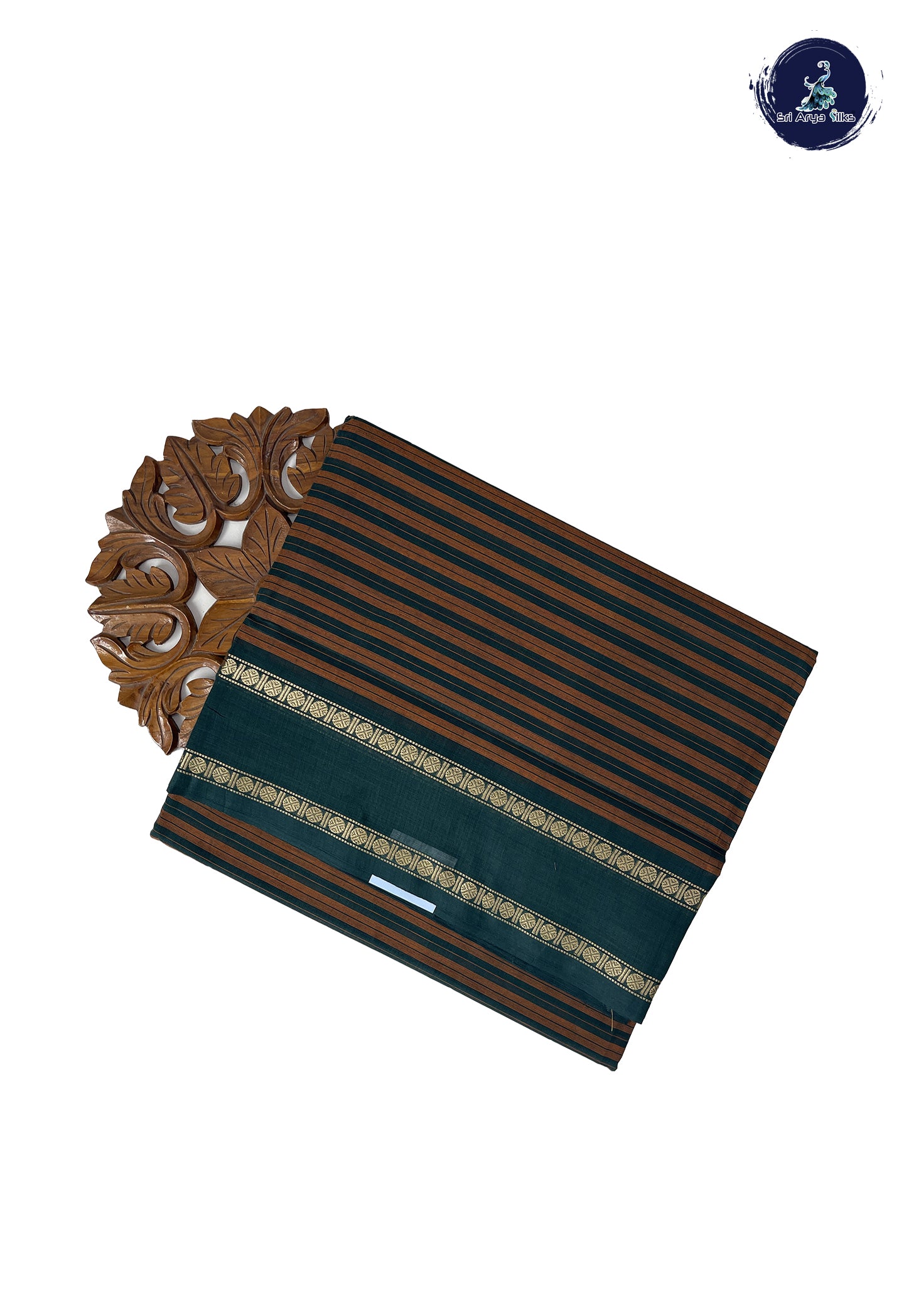 Bottle Green 10 Yards Madisar Cotton Saree With Stripes Pattern