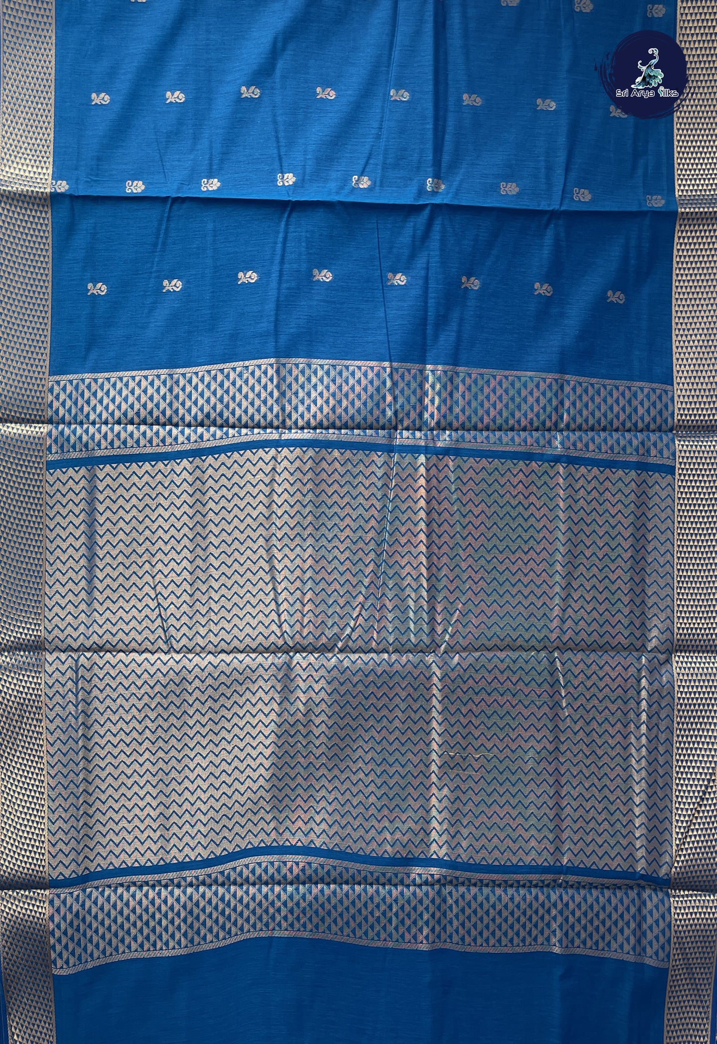 Copper Sulphate Blue Madisar Semi Silk Cotton Saree With Zari Buttas Pattern