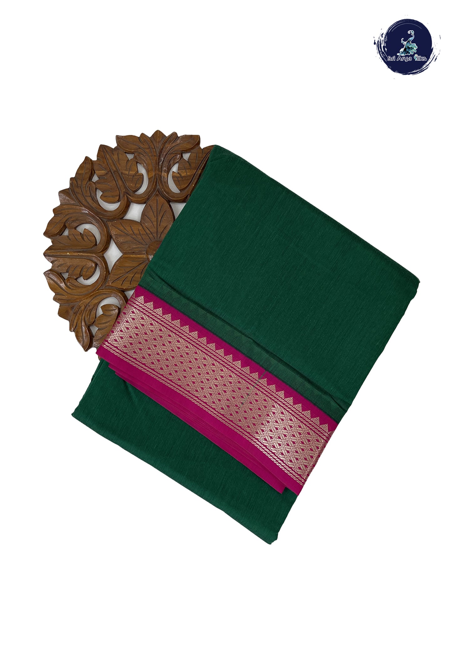 Dark Green Madisar Semi Silk Cotton Saree With Plain Pattern