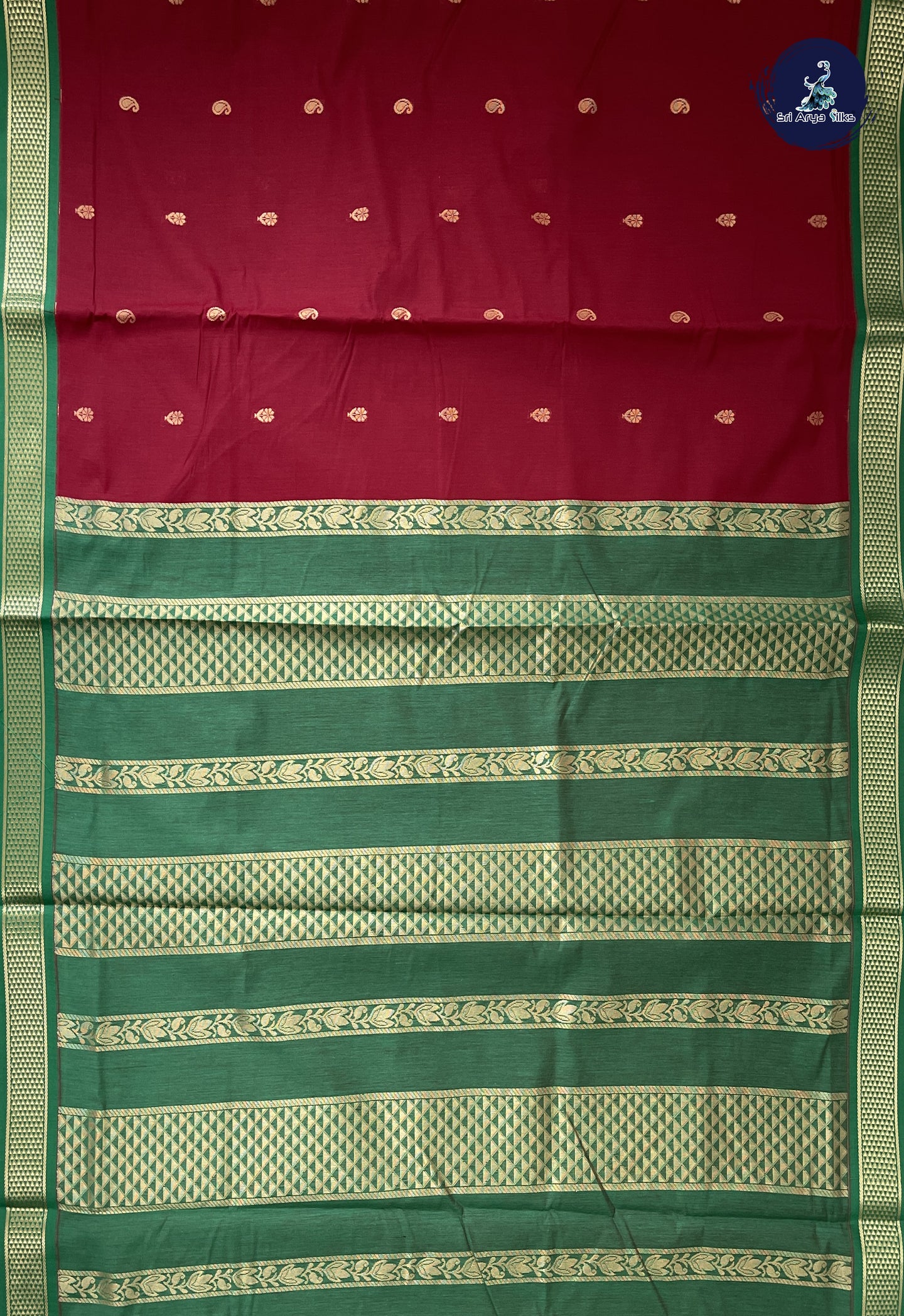 Maroon Madisar Semi Silk Cotton Saree With Zari Buttas Pattern