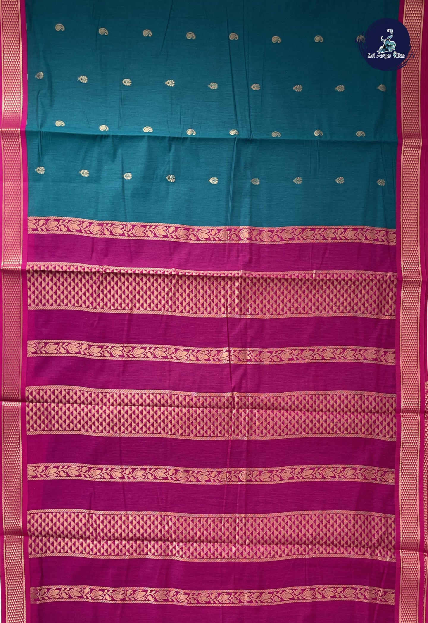 Peacock Green Madisar Semi Silk Cotton Saree With Zari Buttas Pattern