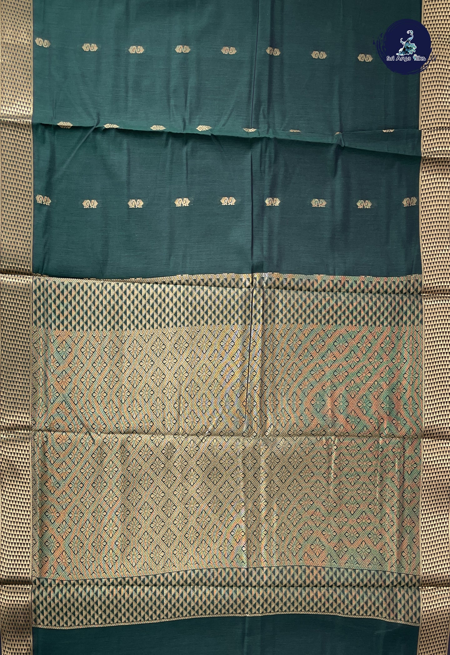 Dark Green Madisar Semi Silk Cotton Saree With Zari Buttas Pattern