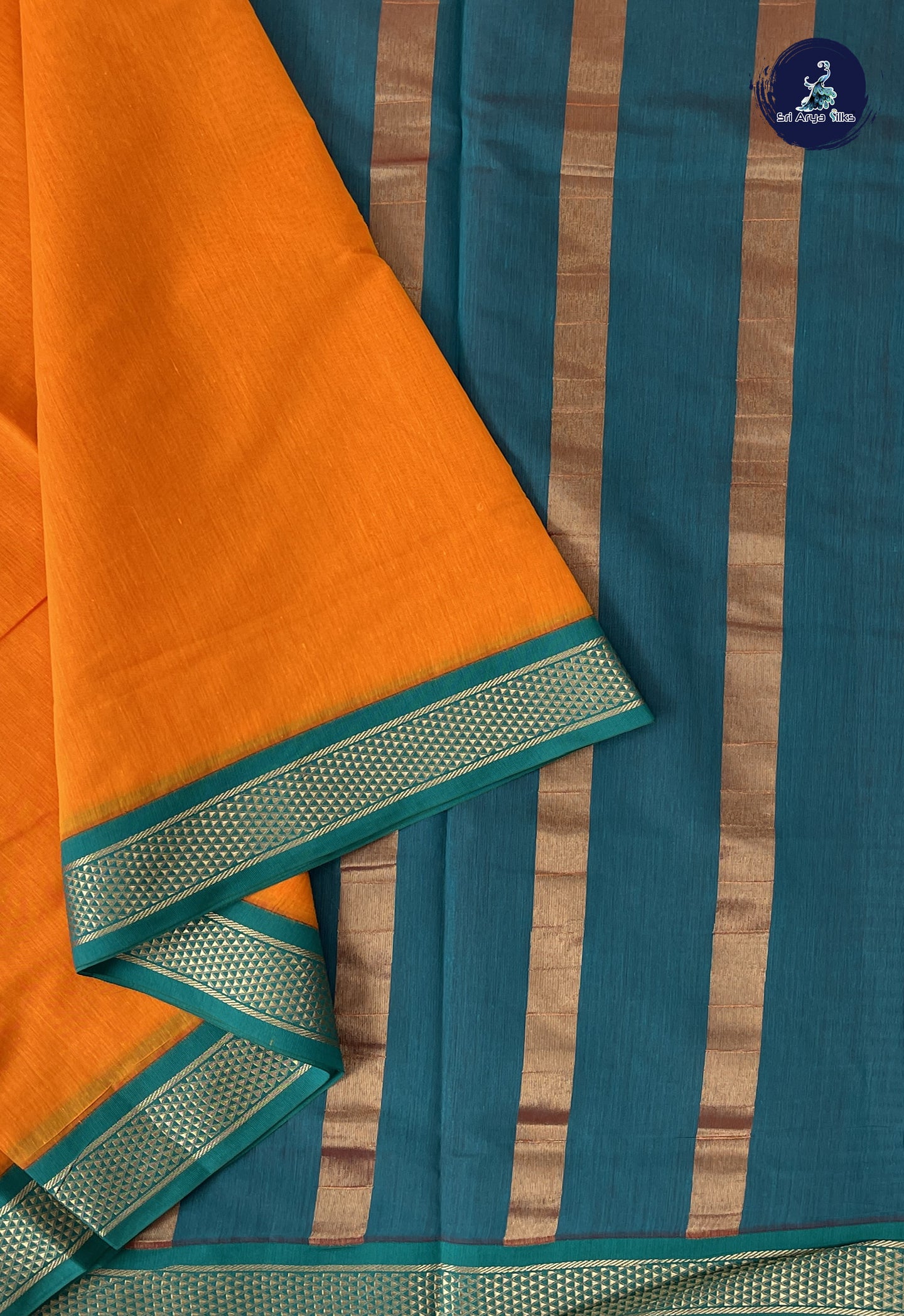 Yellowish Orange Madisar Semi Silk Cotton Saree With Plain Pattern