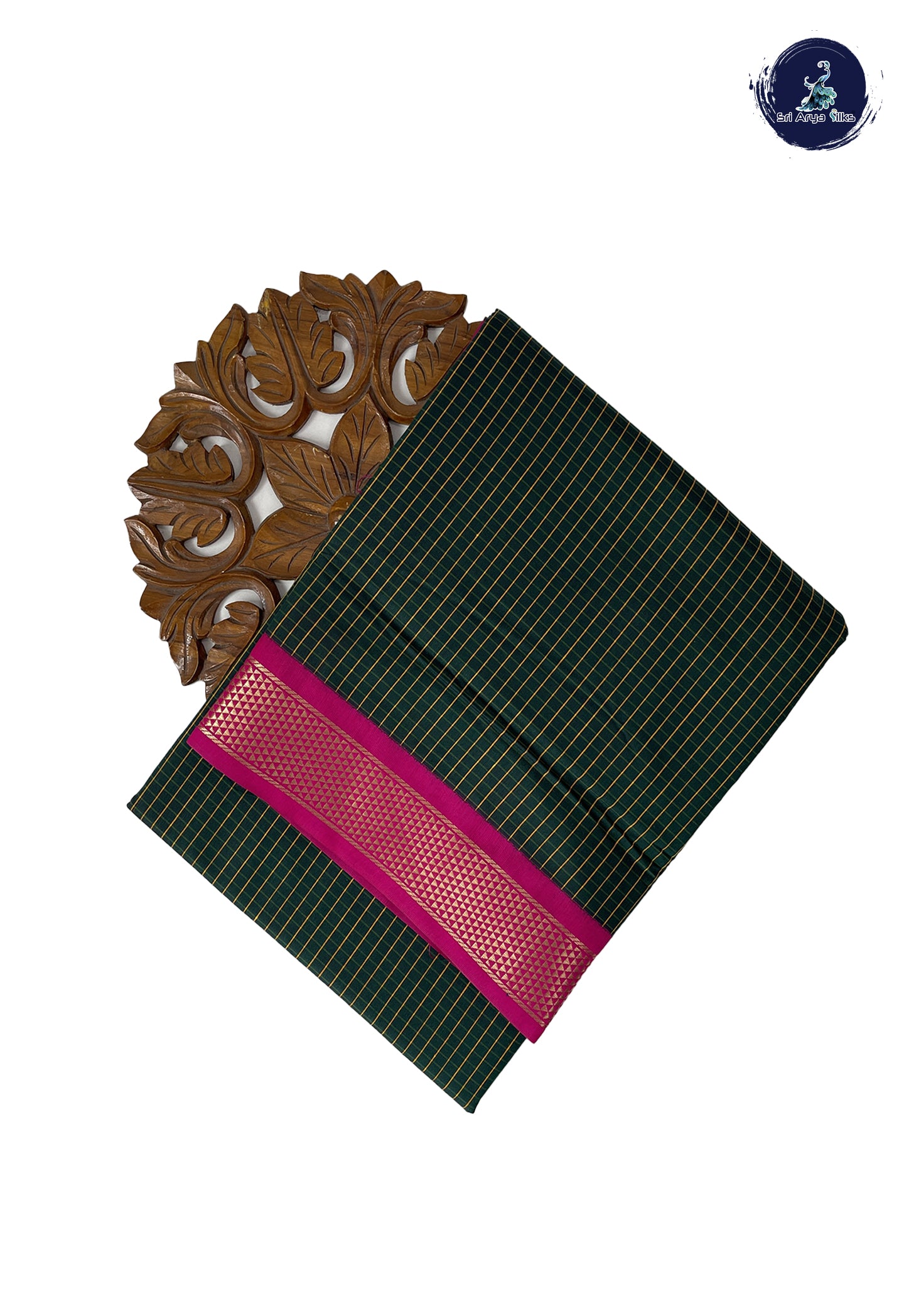 Dark Green Madisar Semi Silk Cotton Saree With Checked Pattern