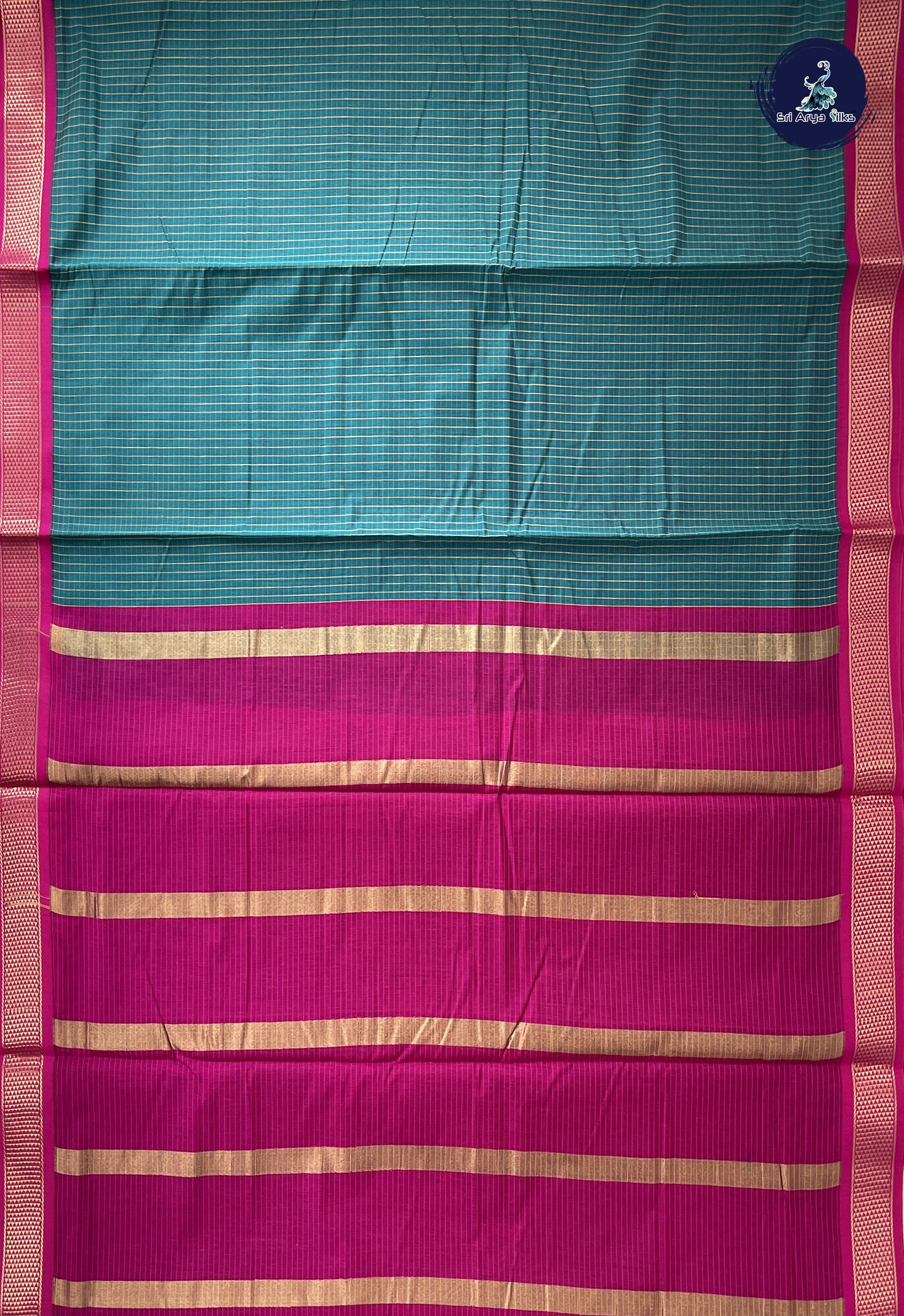 Sapphire Green Madisar Semi Silk Cotton Saree With Checked Pattern