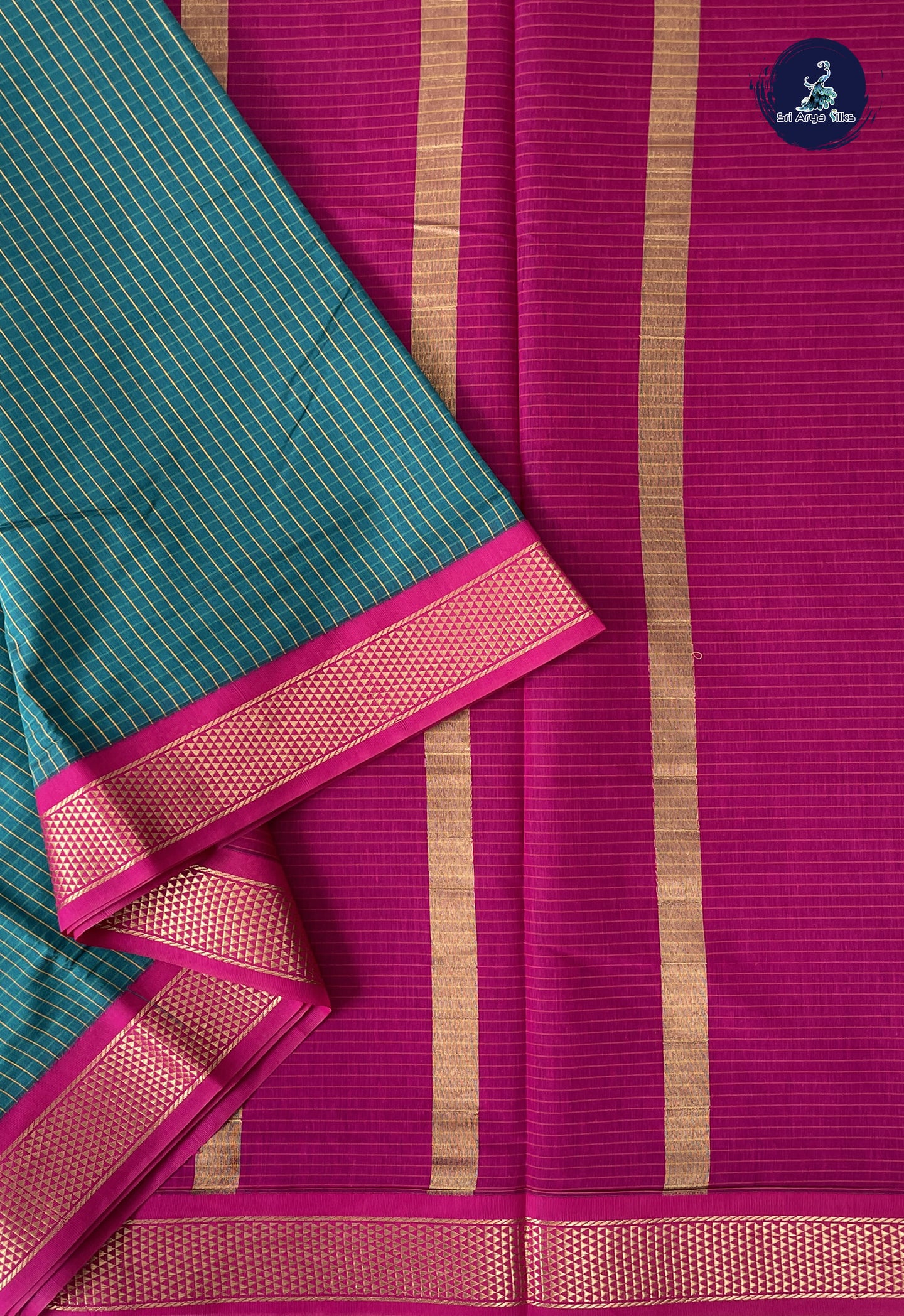 Sapphire Green Madisar Semi Silk Cotton Saree With Checked Pattern