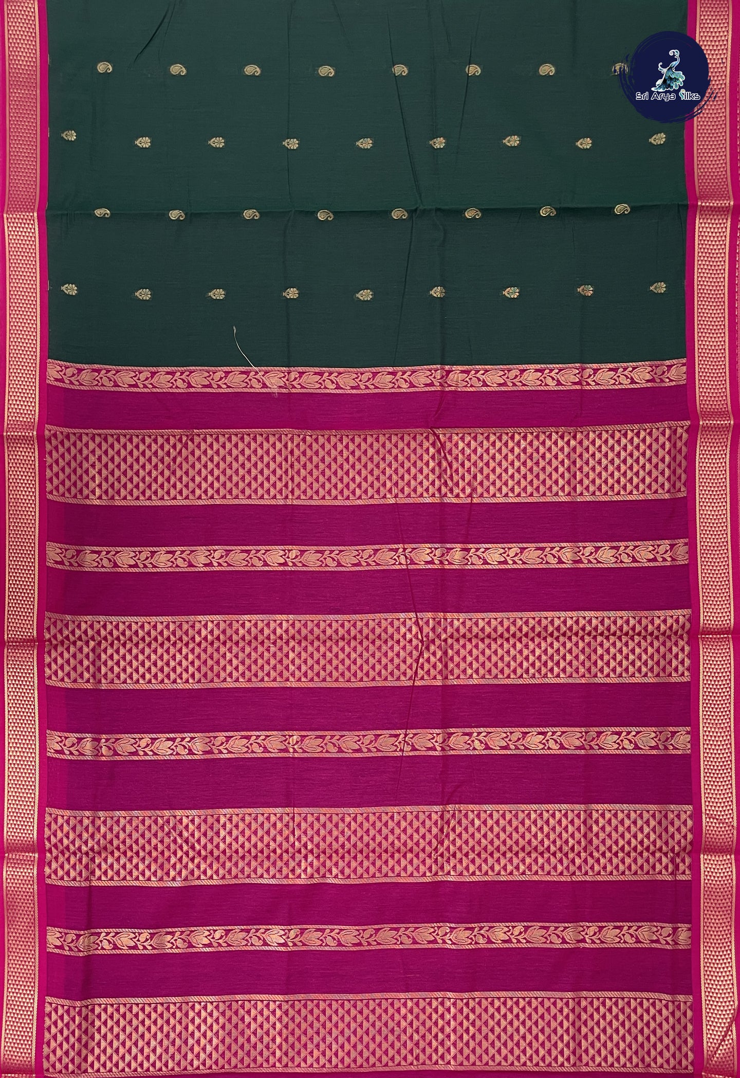 Dark Green 10 Yards Semi Silk Cotton With Zari Buttas Pattern