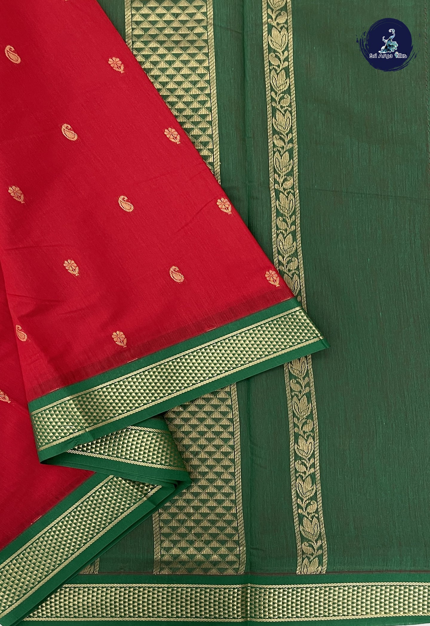 Red 10 Yards Semi Silk Cotton With Zari Buttas Pattern