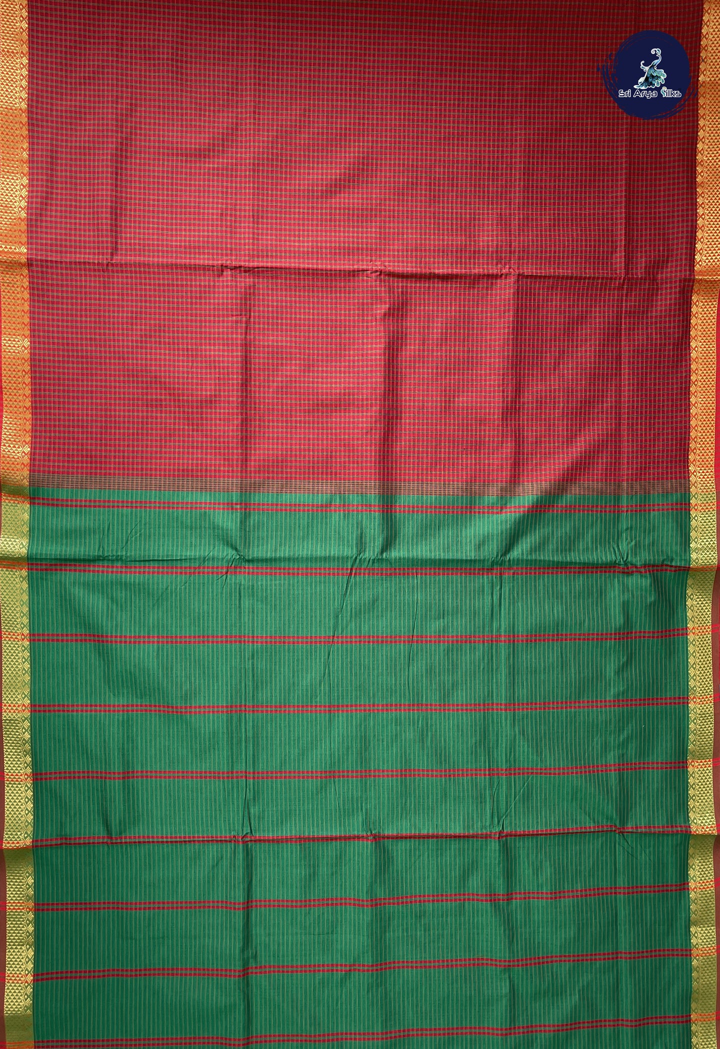 Red 10 Yards Semi Silk Cotton With Checked Pattern
