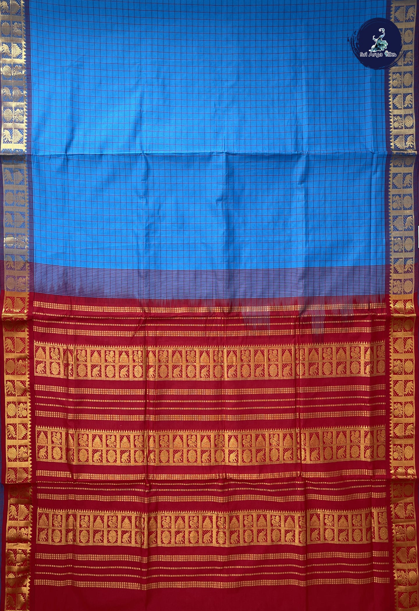 Copper Sulphate Blue 10 Yards Semi Silk Cotton With Checked Pattern