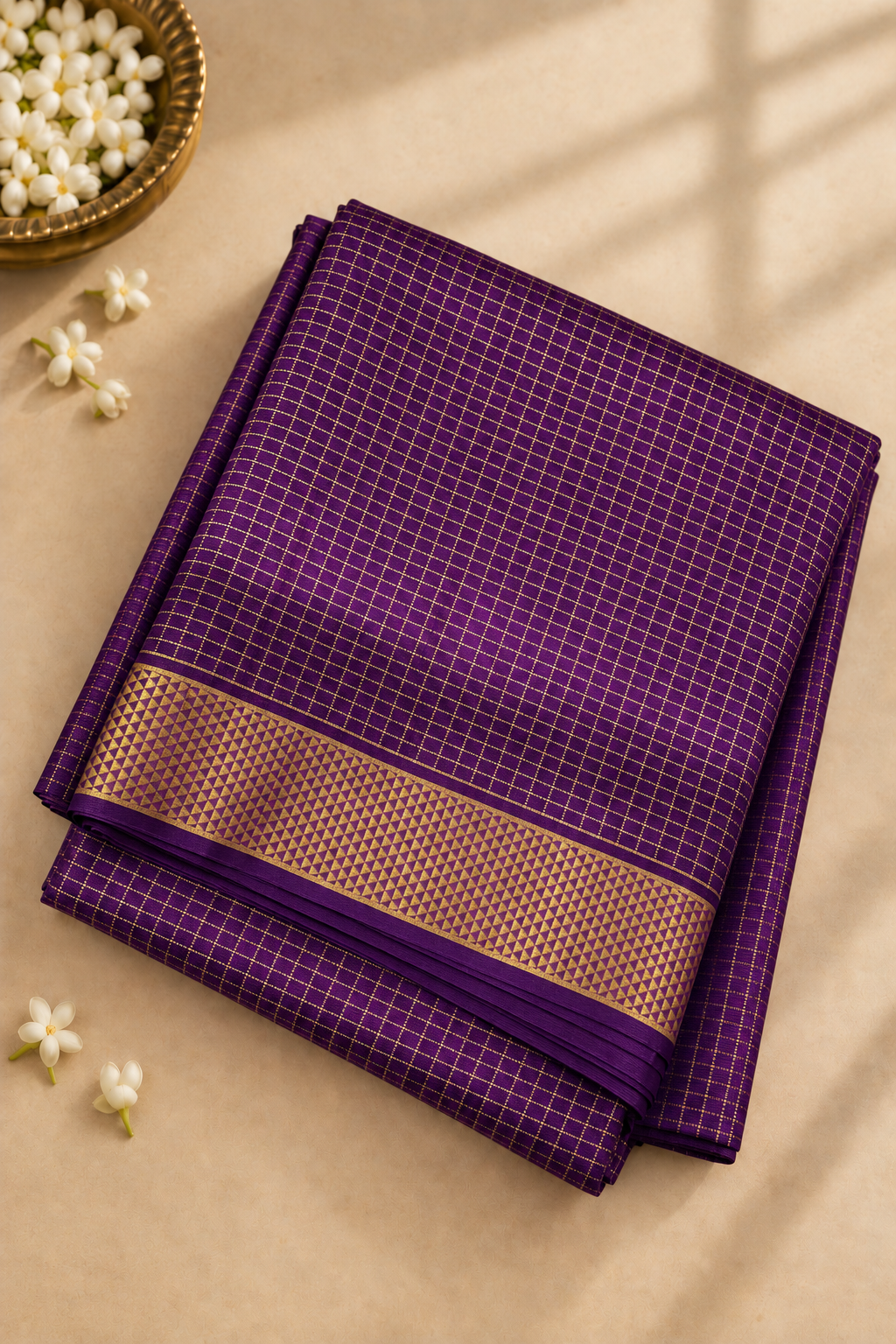 Dark Violet Madisar 10 Yards Silk Saree With Zari Checked Pattern