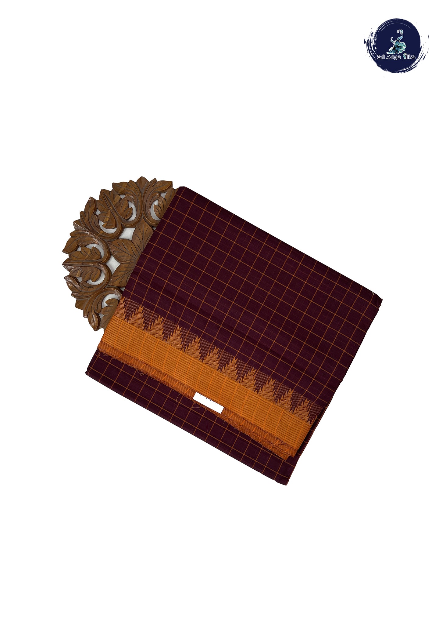 Brown 10 Yards Madisar Cotton Saree With Checked Pattern