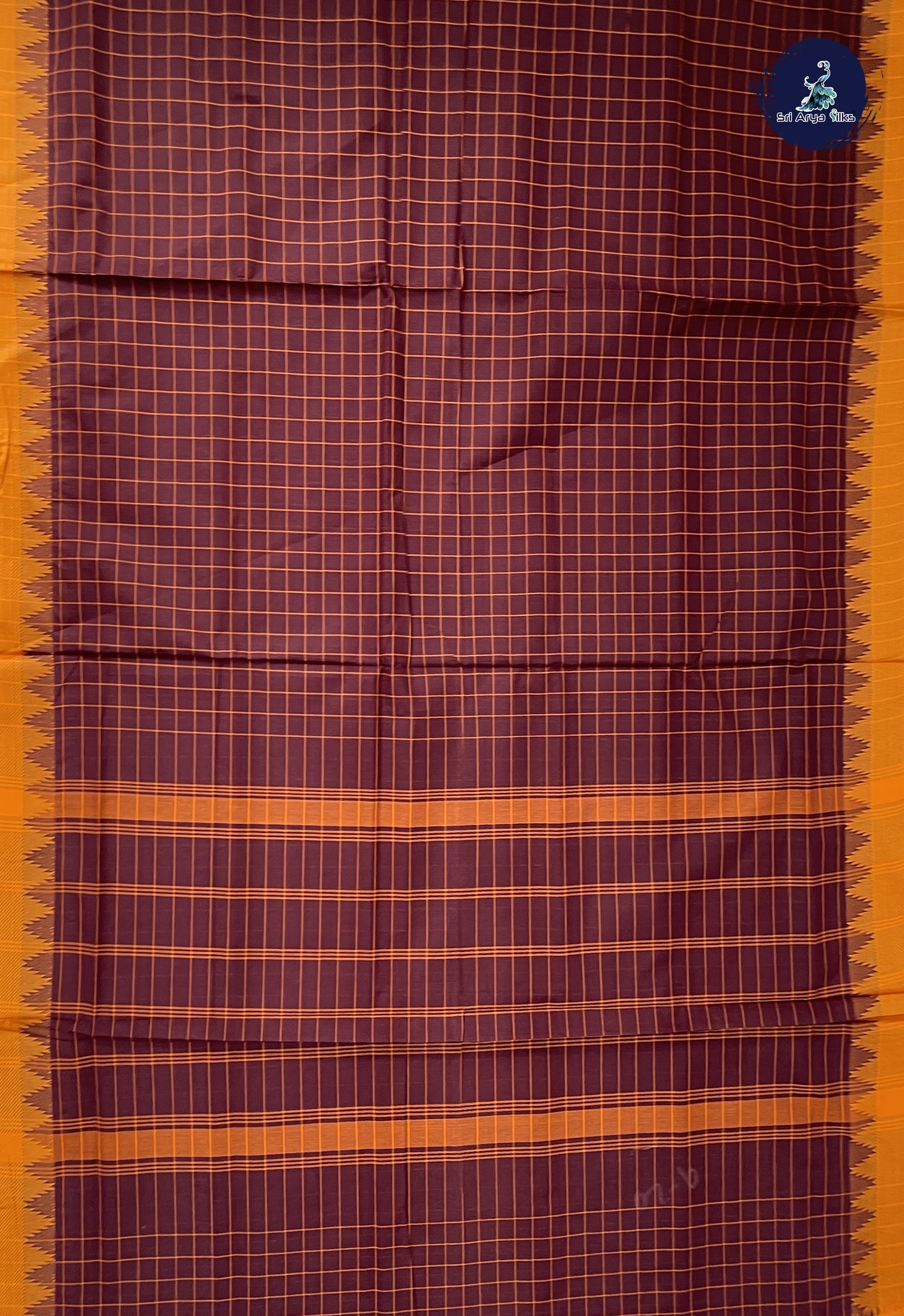Brown 10 Yards Madisar Cotton Saree With Checked Pattern