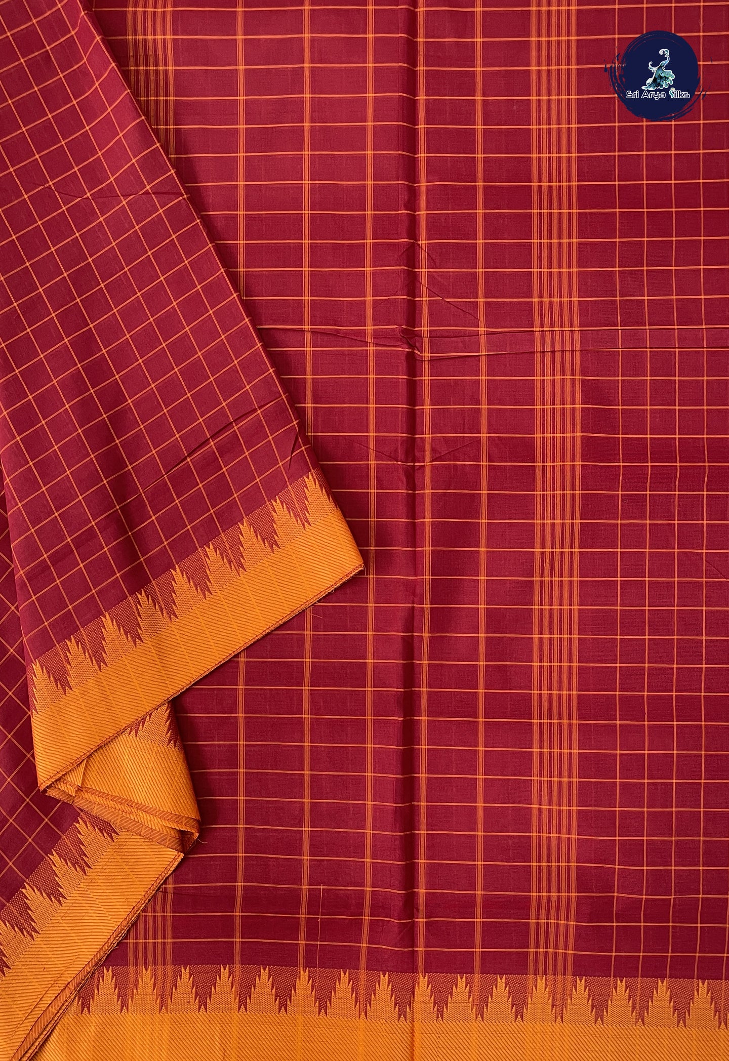 Maroon 10 Yards Madisar Cotton Saree With Checked Pattern