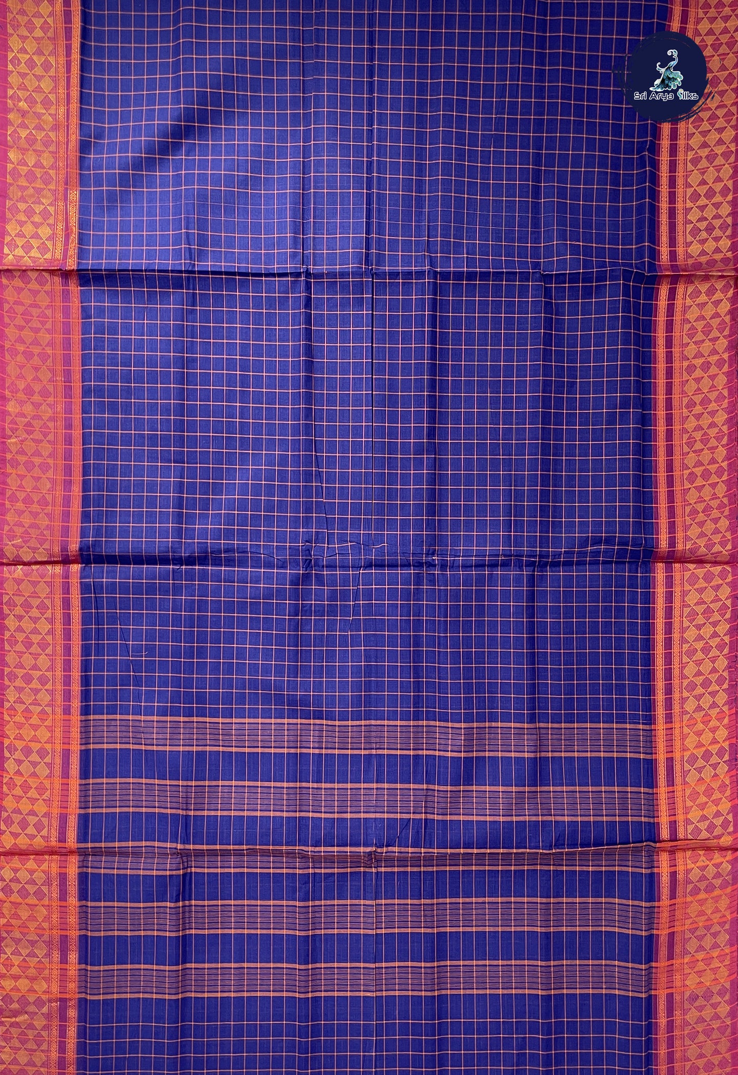 Dark Blue 10 Yards Madisar Cotton Saree With Checked Pattern