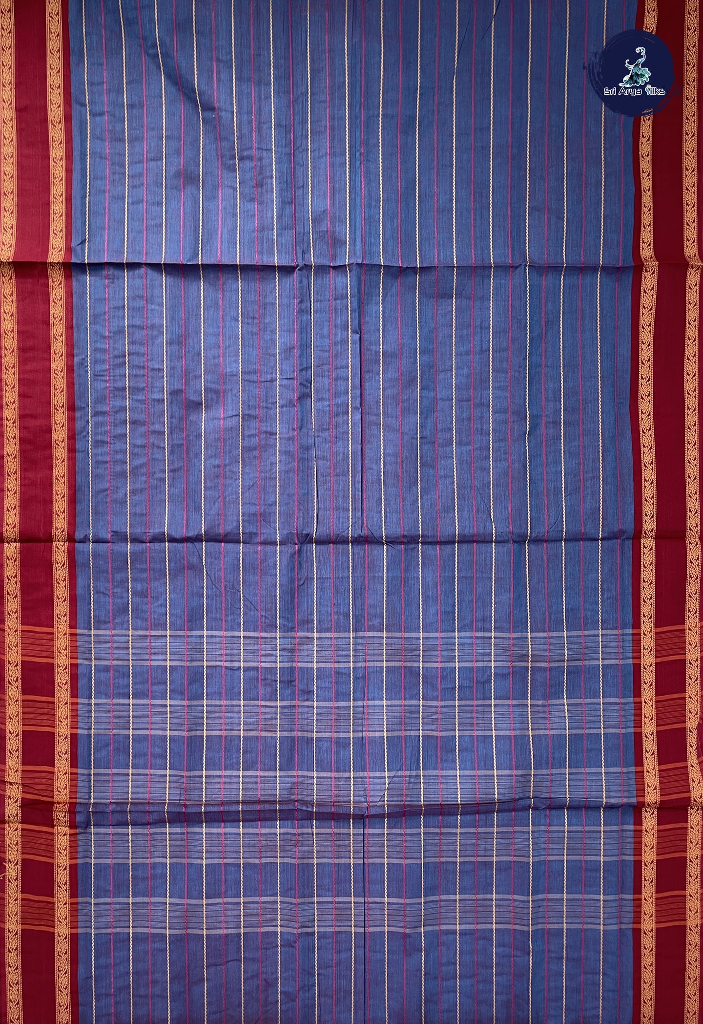 Dual Tone Blue 10 Yards Madisar Cotton Saree With Veldhari Stripes Pattern