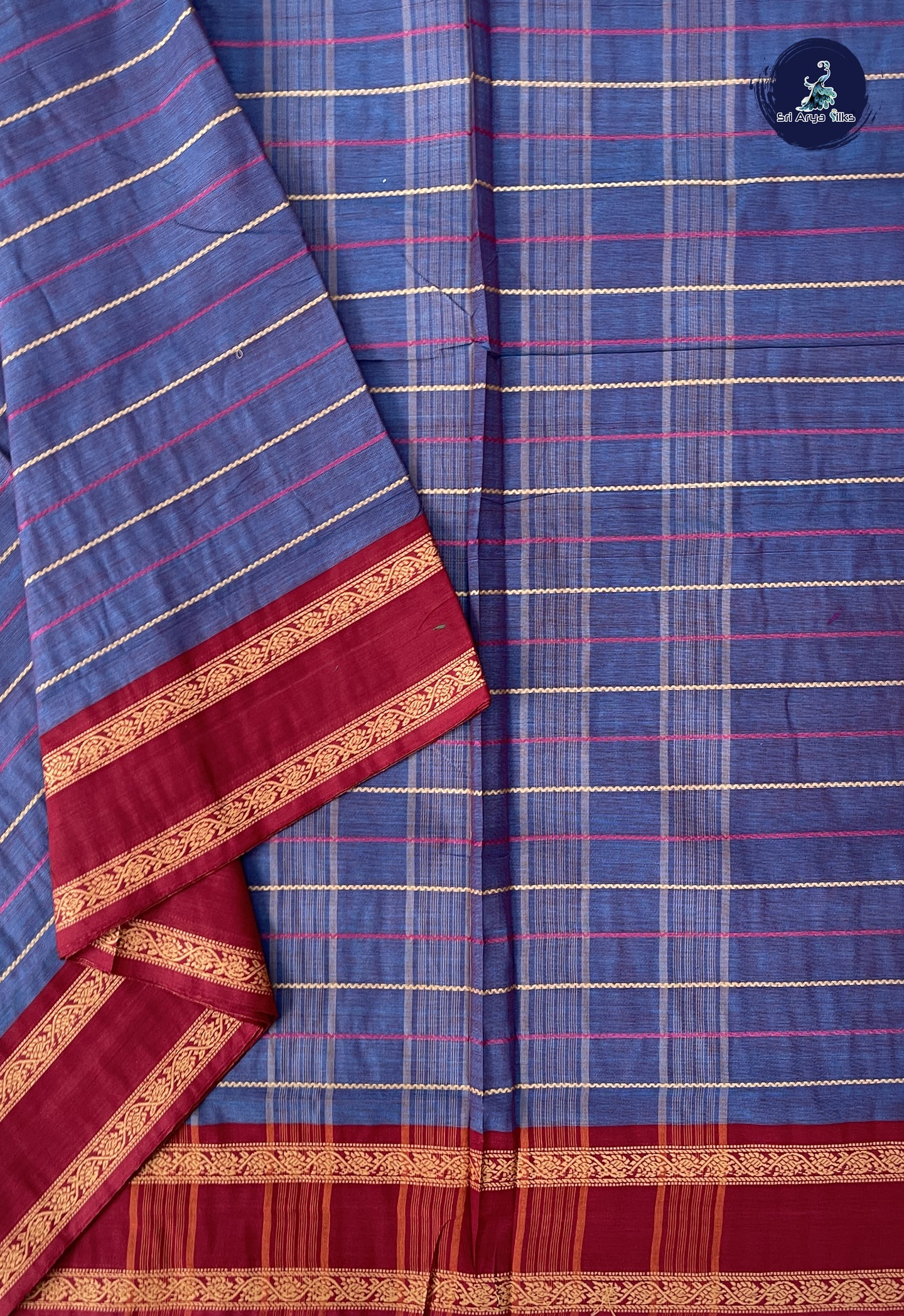 Dual Tone Blue 10 Yards Madisar Cotton Saree With Veldhari Stripes Pattern
