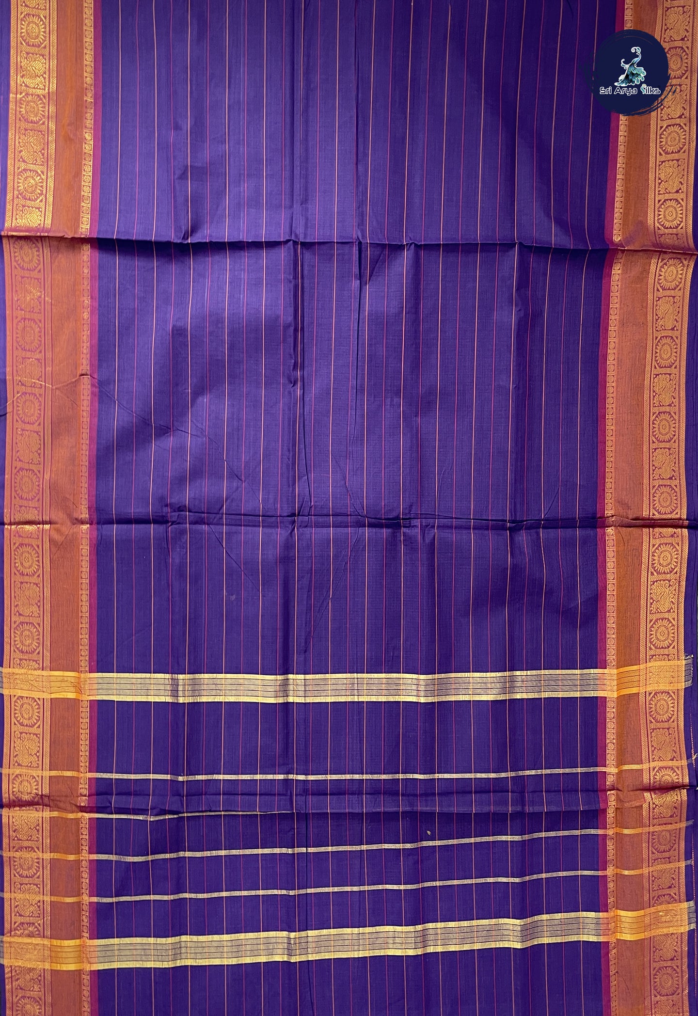 Dark Violet 10 Yards Madisar Cotton Saree With Stripes Pattern