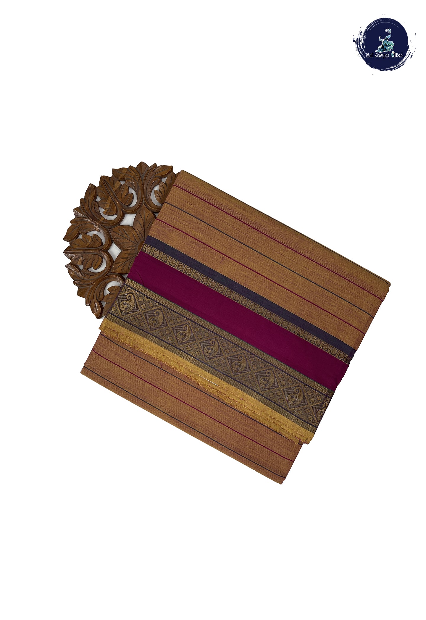Golden Brown 10 Yards Madisar Cotton Saree With Stripes Pattern