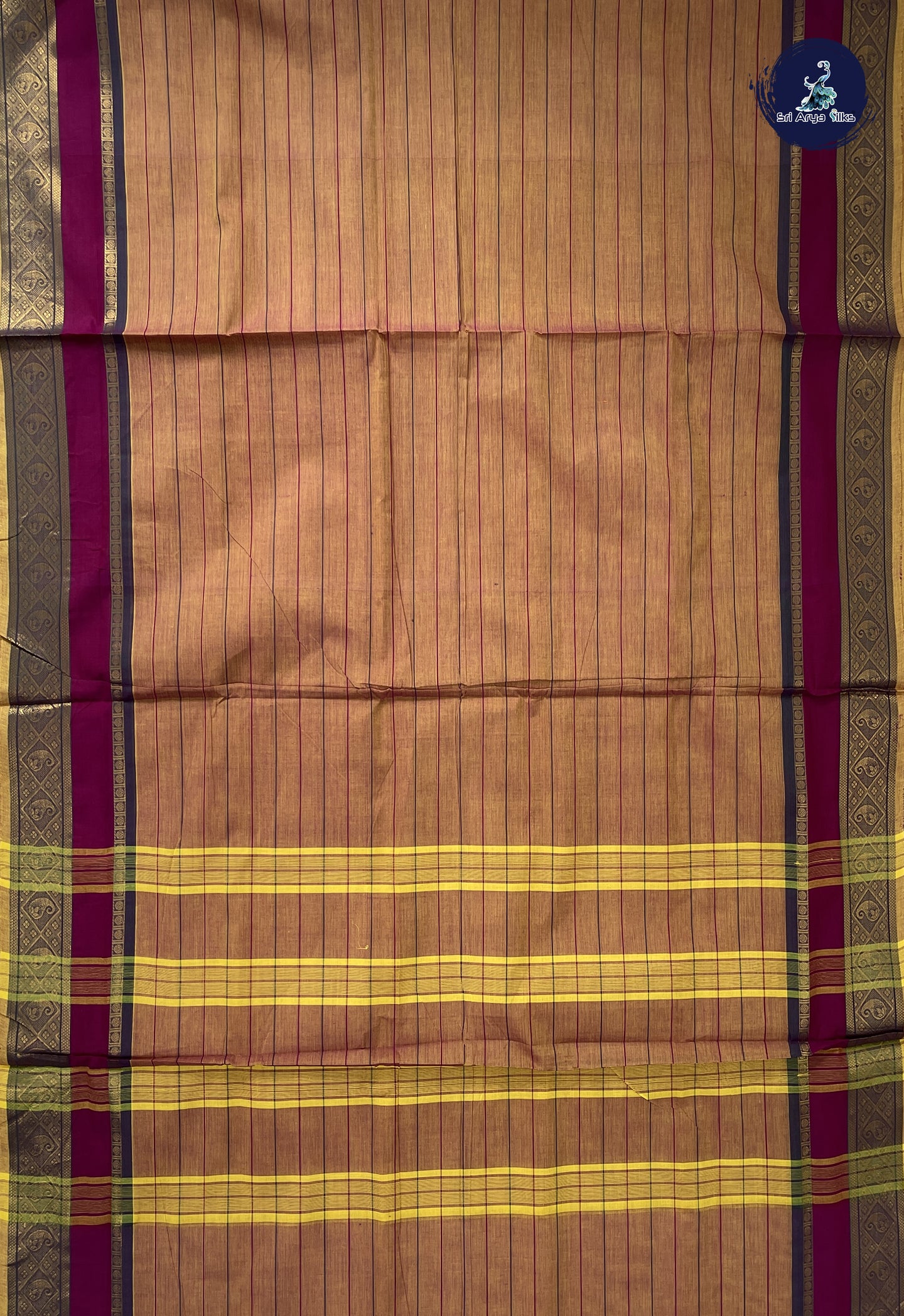Golden Brown 10 Yards Madisar Cotton Saree With Stripes Pattern