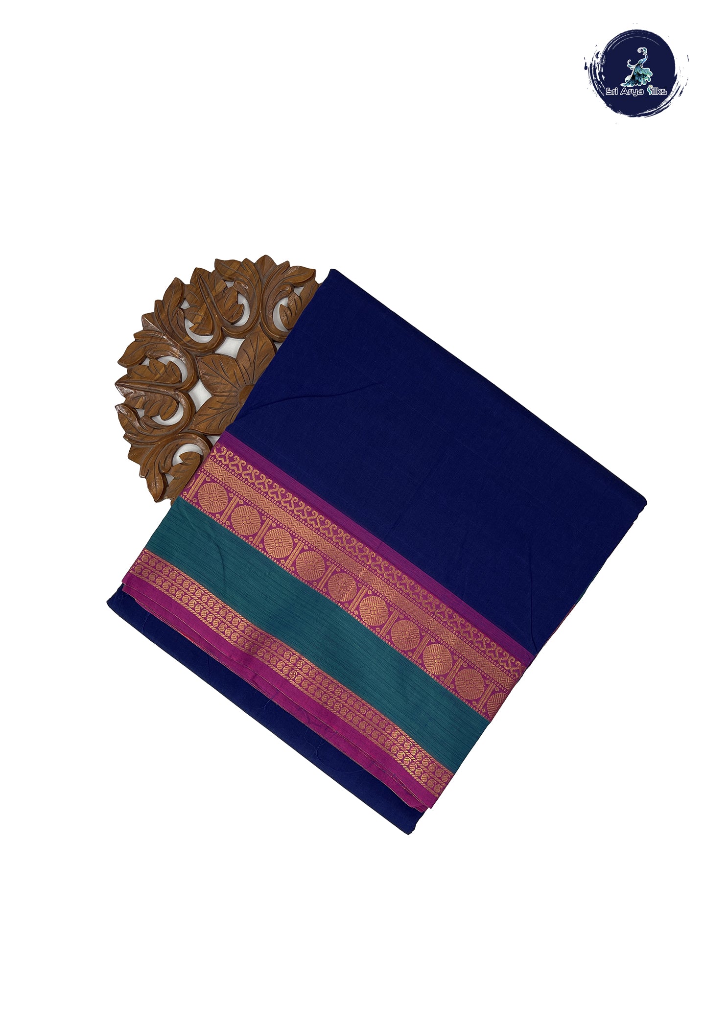 Dark Blue 10 Yards Madisar Cotton Saree With Plain Pattern