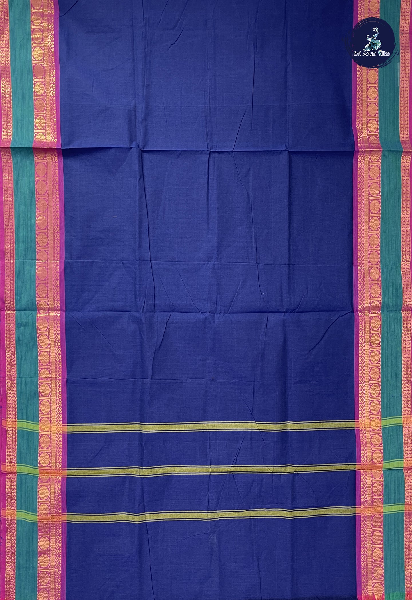 Dark Blue 10 Yards Madisar Cotton Saree With Plain Pattern
