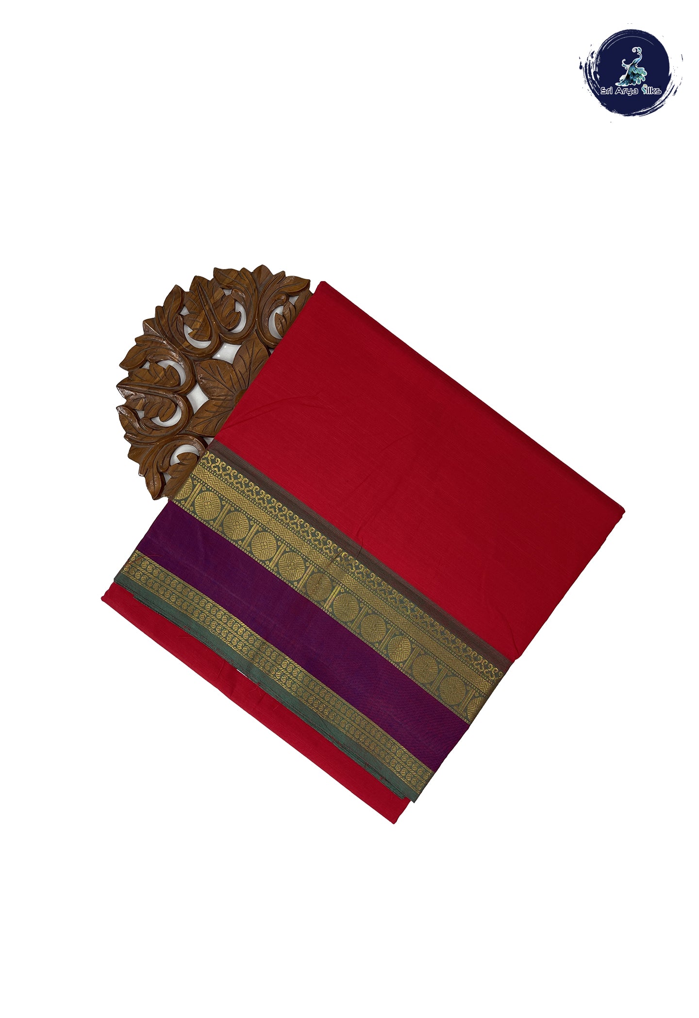 Red 10 Yards Madisar Cotton Saree With Plain Pattern