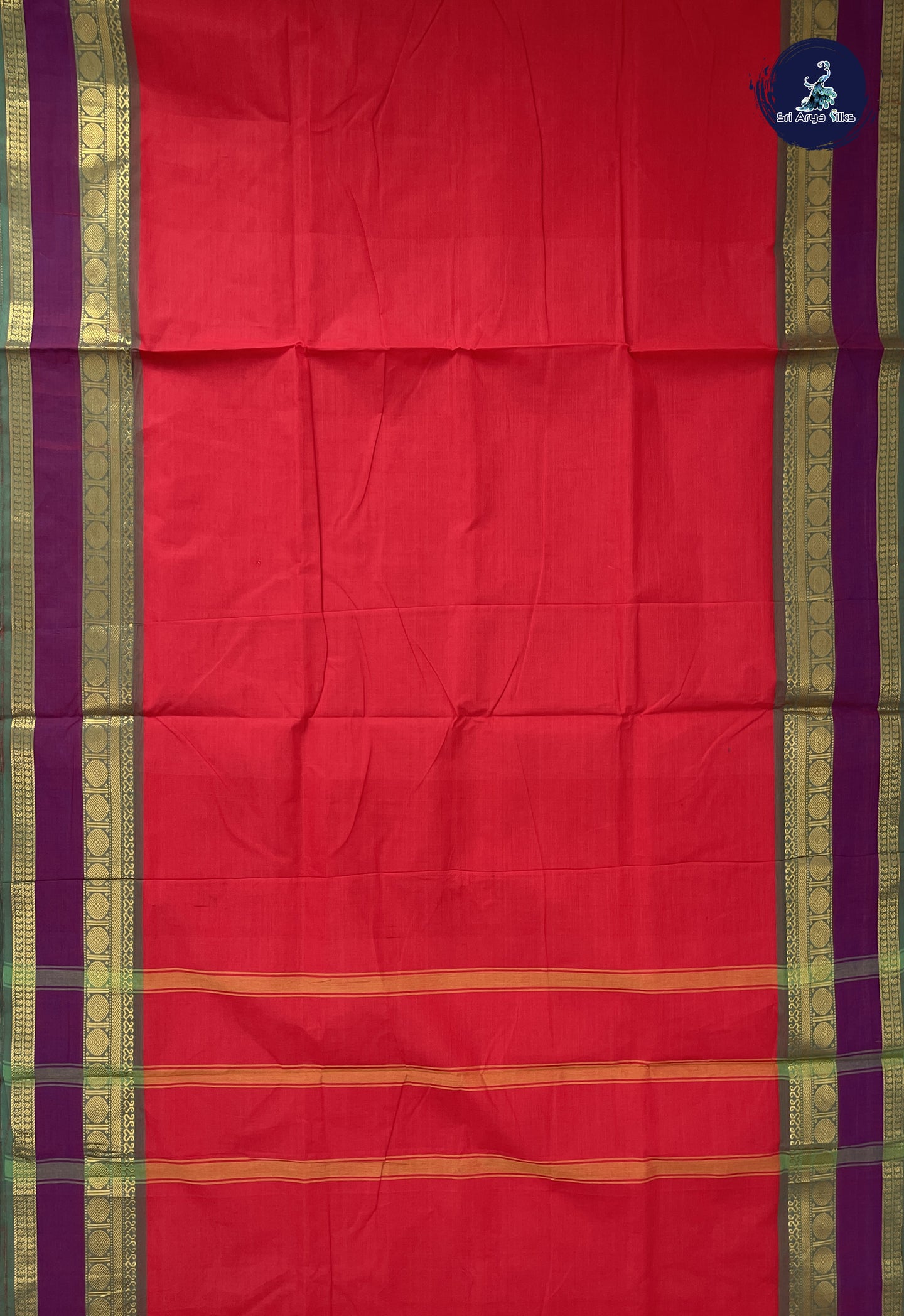 Red 10 Yards Madisar Cotton Saree With Plain Pattern