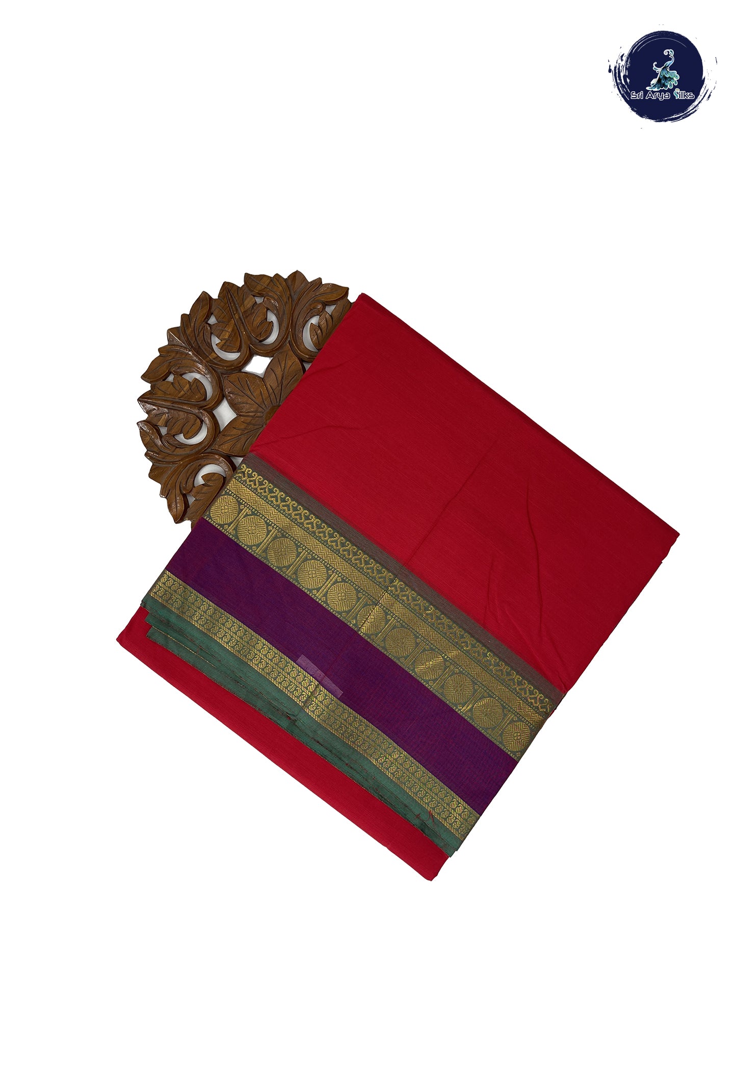 Red 10 Yards Madisar Cotton Saree With Plain Pattern