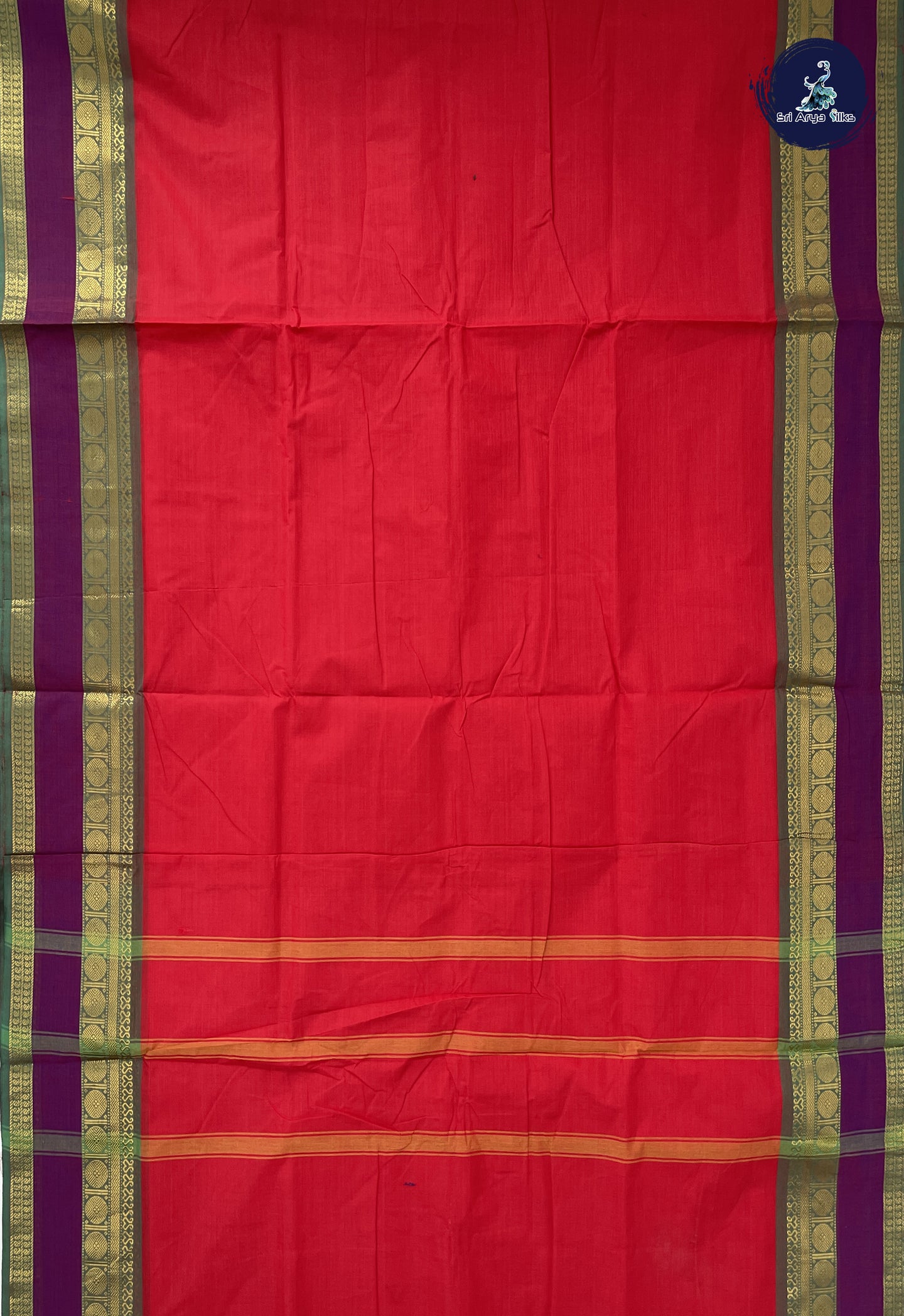 Red 10 Yards Madisar Cotton Saree With Plain Pattern