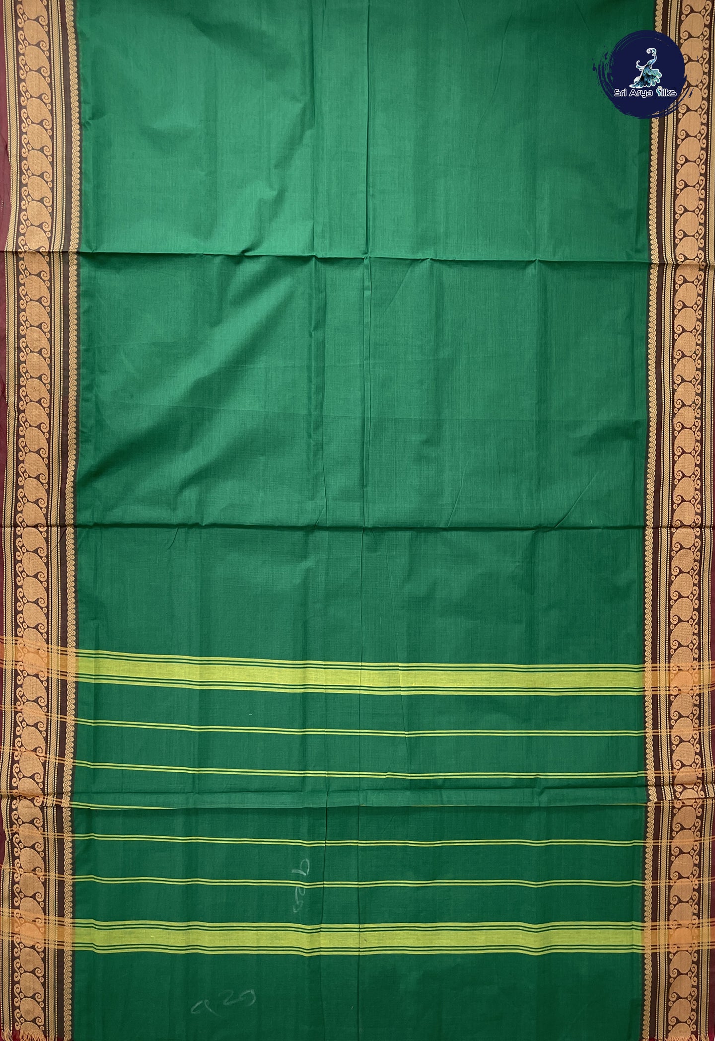 Dark Green 10 Yards Madisar Cotton Saree With Plain Pattern