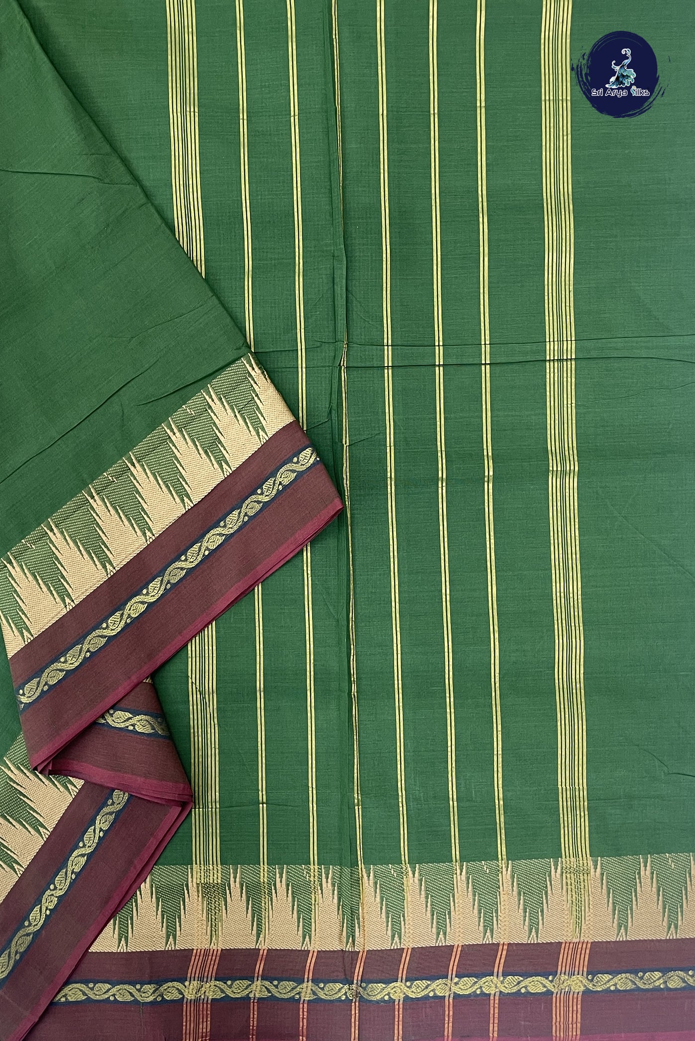 Green 10 Yards Madisar Cotton Saree With Plain Pattern