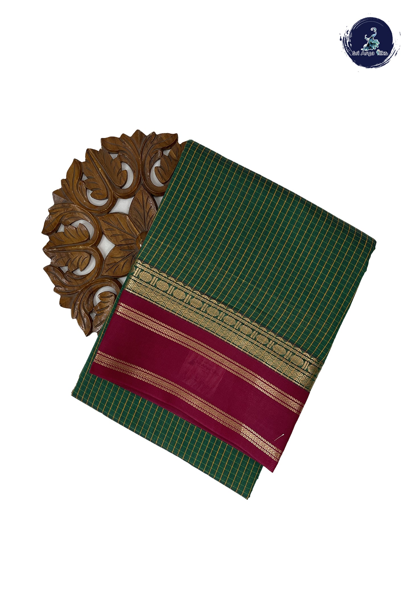 Dark Green Madisar Semi Silk Cotton Saree With Checked Pattern