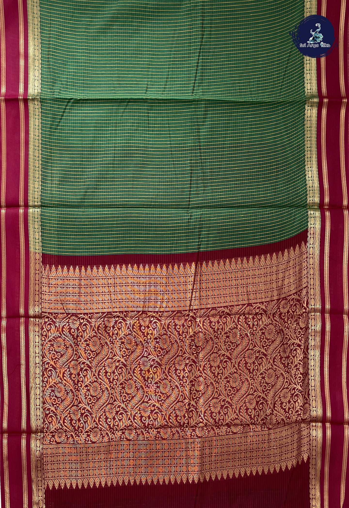 Dark Green Madisar Semi Silk Cotton Saree With Checked Pattern