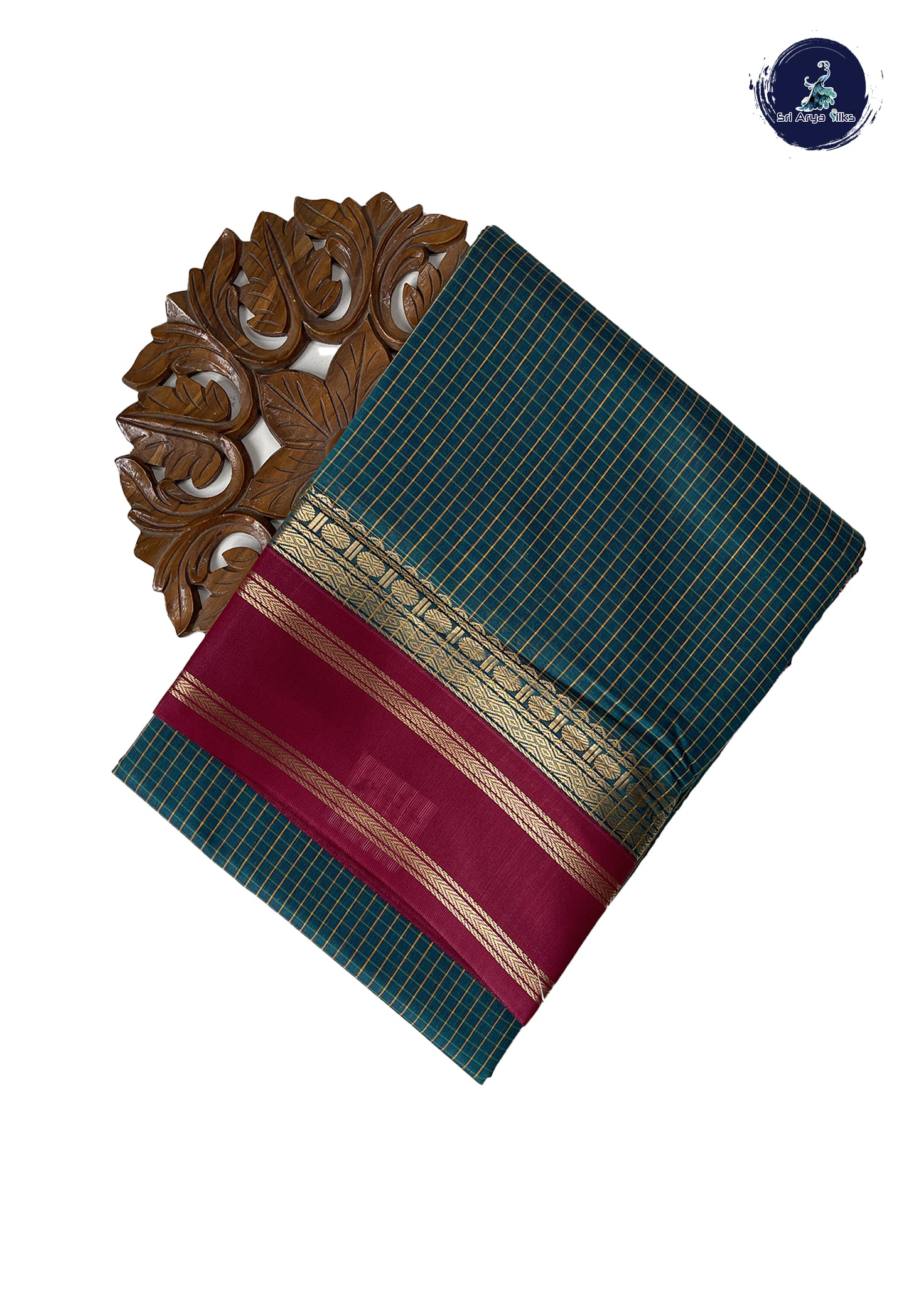 Sapphire Green Madisar Semi Silk Cotton Saree With Checked Pattern