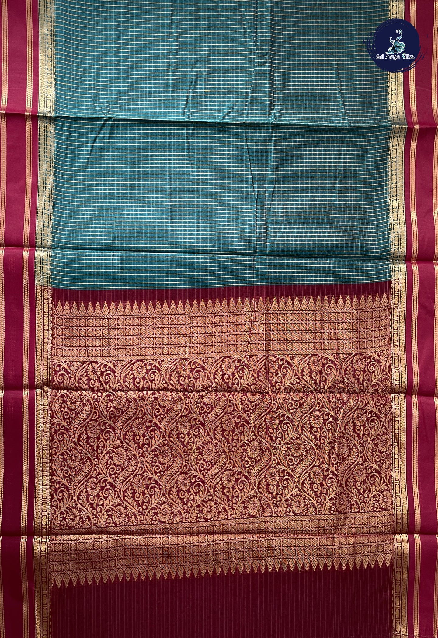 Sapphire Green Madisar Semi Silk Cotton Saree With Checked Pattern